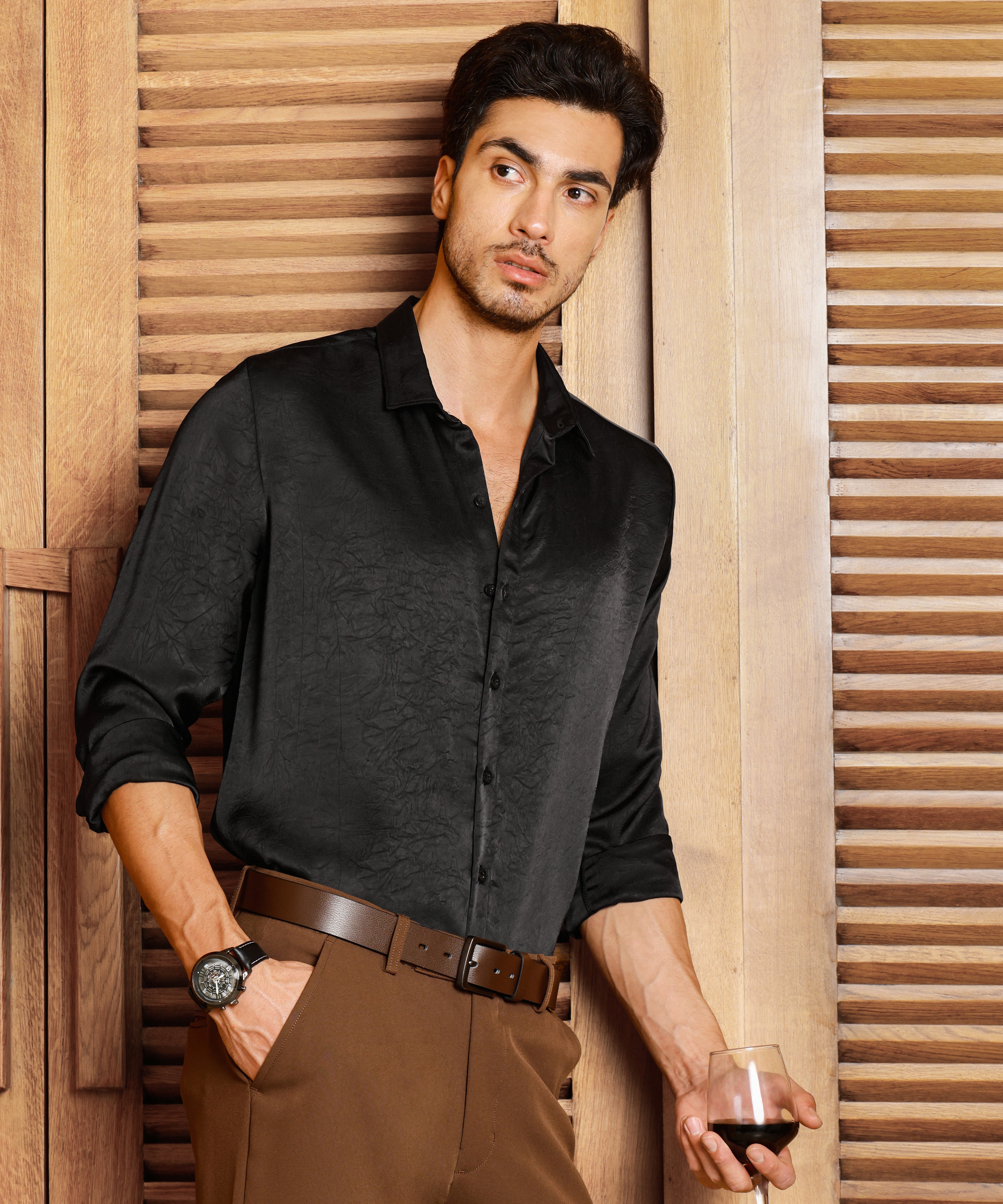 Men Black Textured Party Shirt