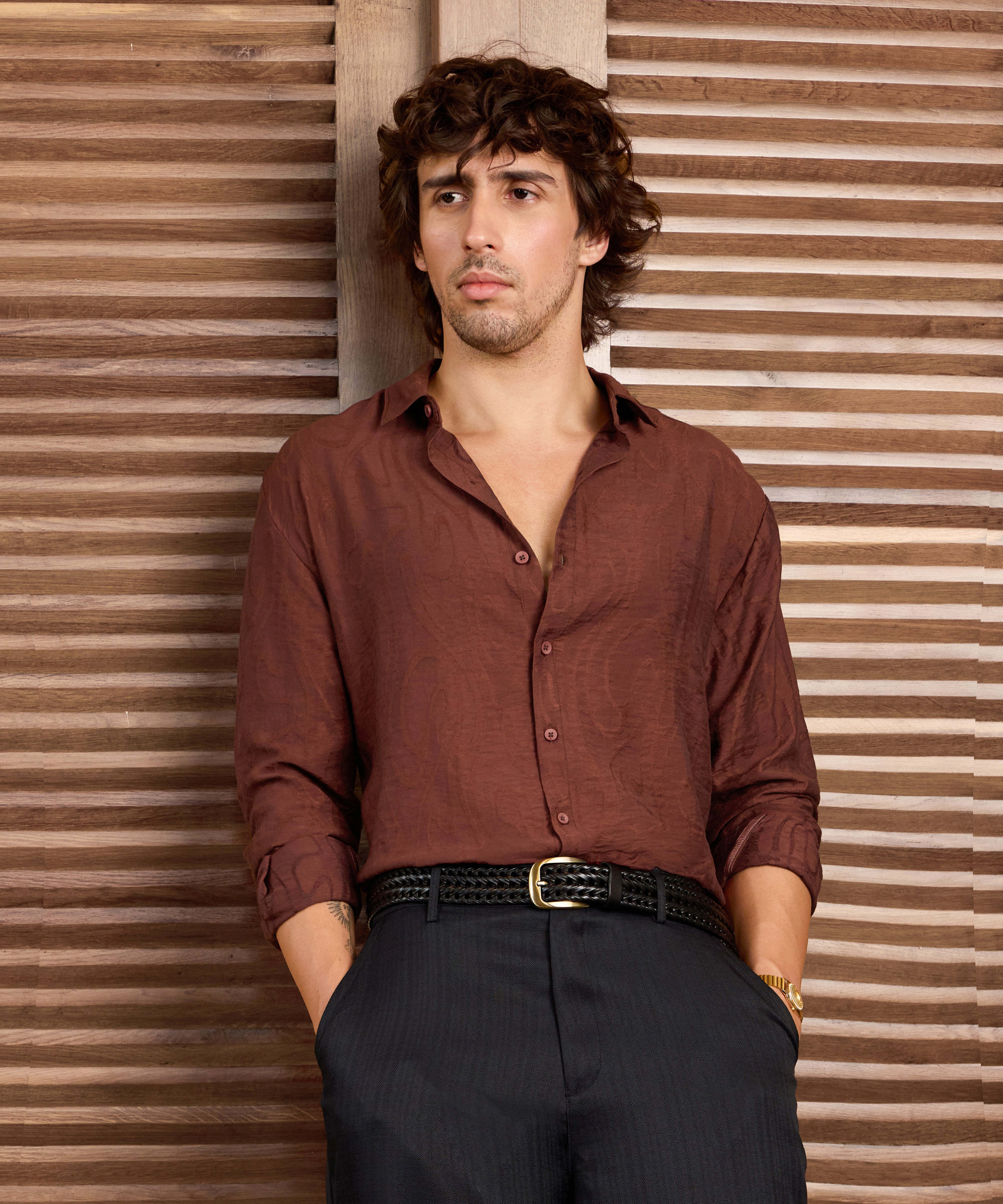 Men Rust Self Design Shirt