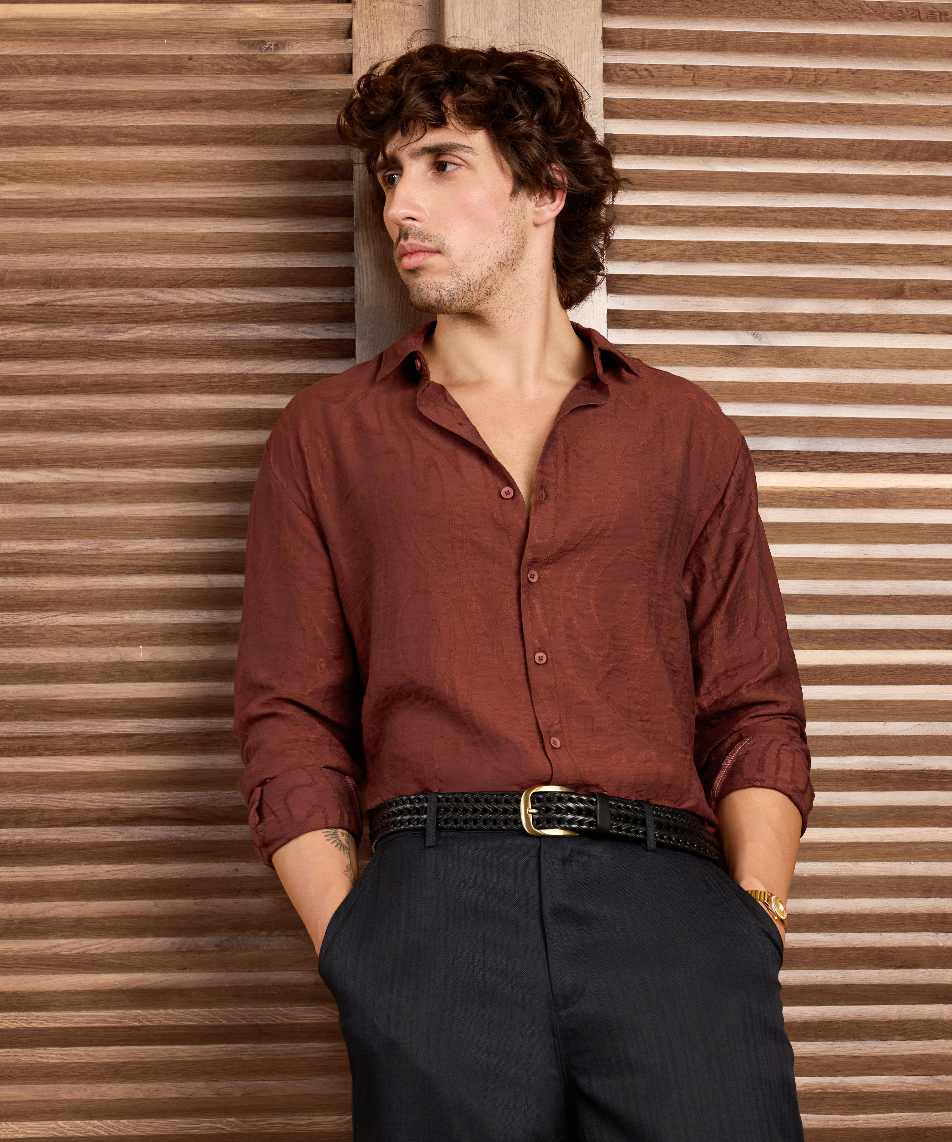 Men Rust Self Design Shirt