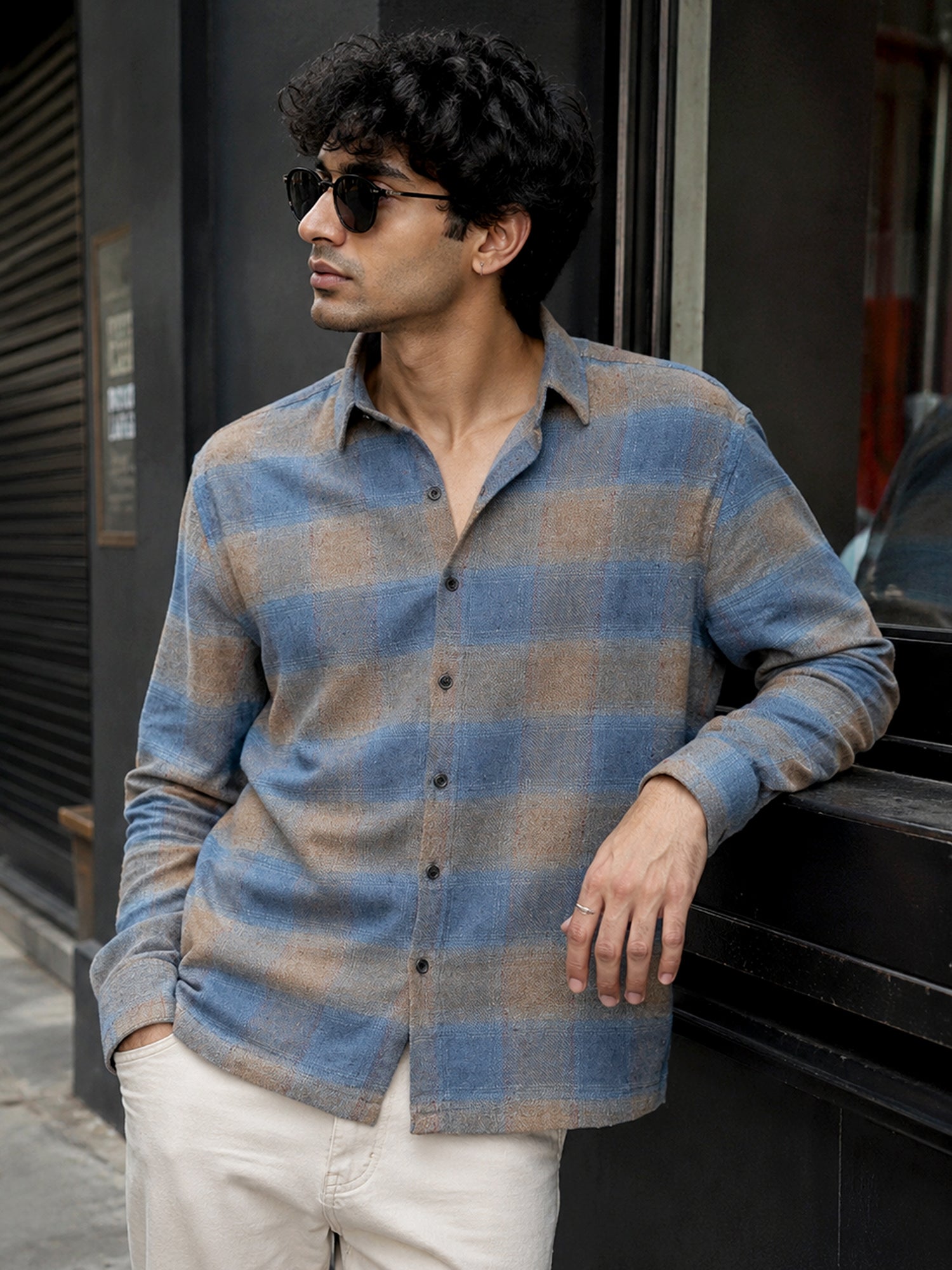 Men Blue Check Oversized Fit Shirt
