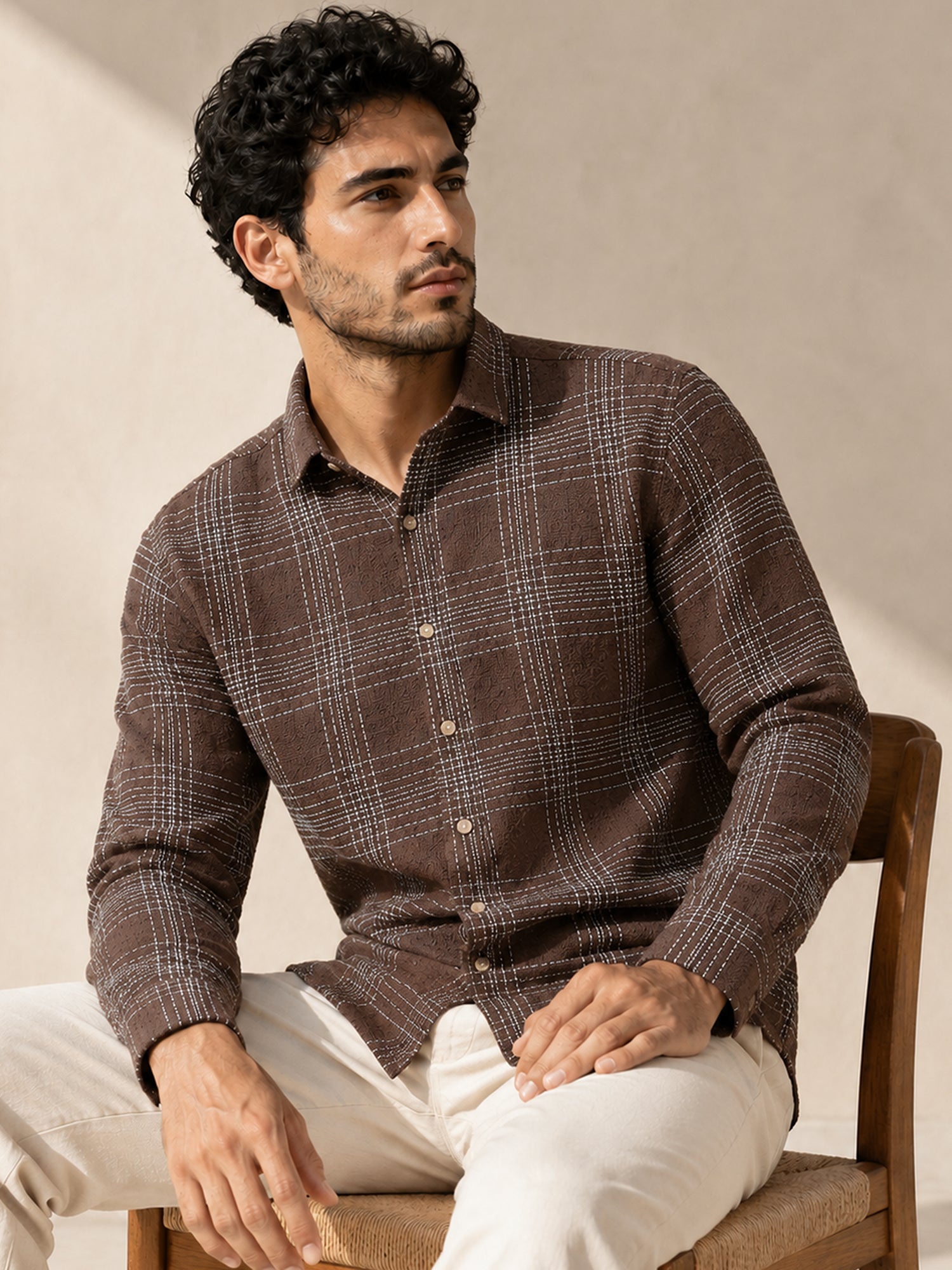Men Dark Brown Check Full Sleeves Shirt