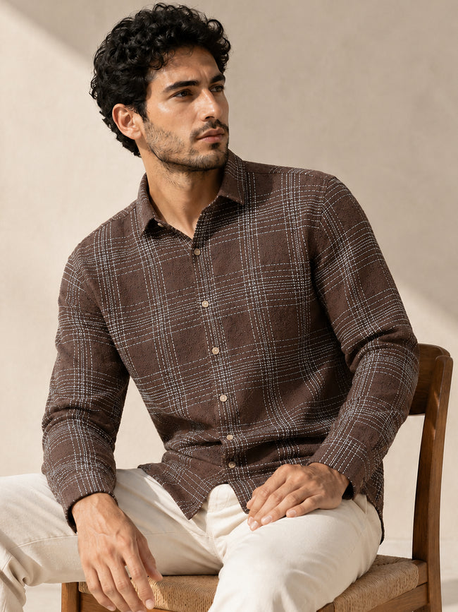 Men Dark Brown Check Full Sleeves Shirt
