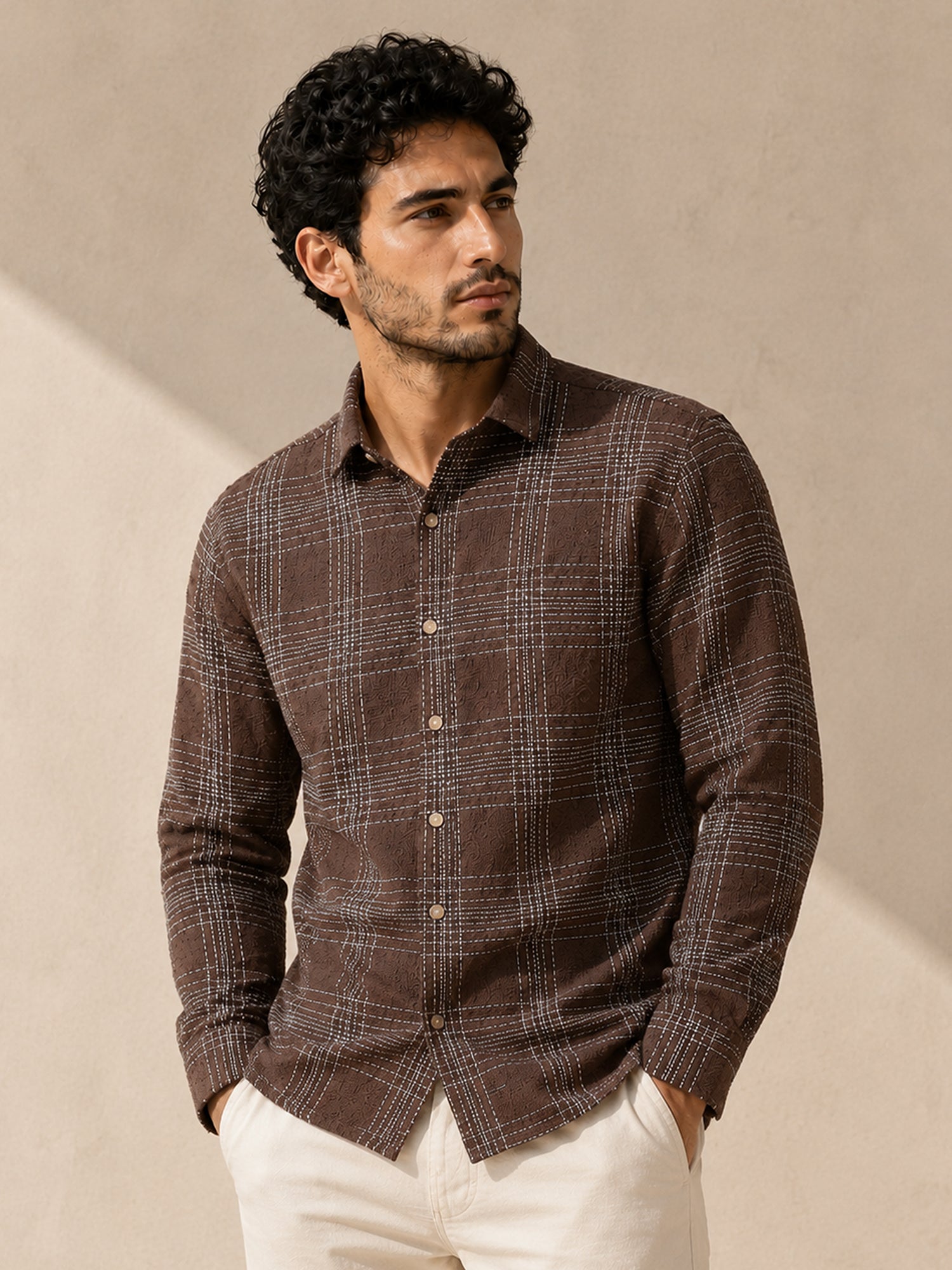 Men Dark Brown Check Full Sleeves Shirt