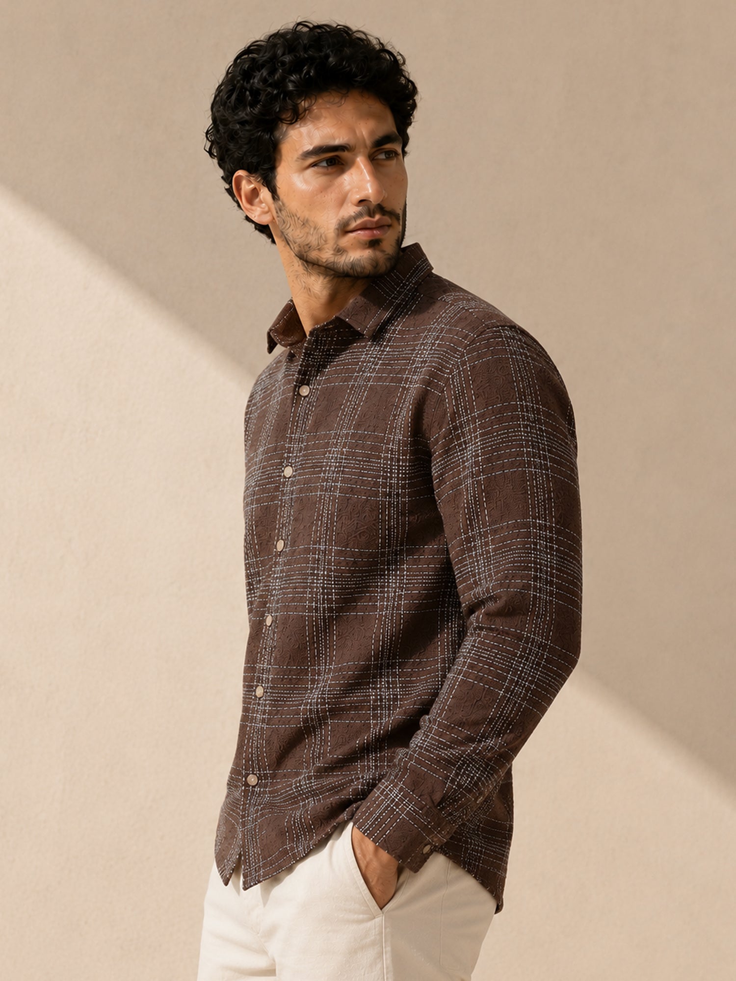 Men Dark Brown Check Full Sleeves Shirt