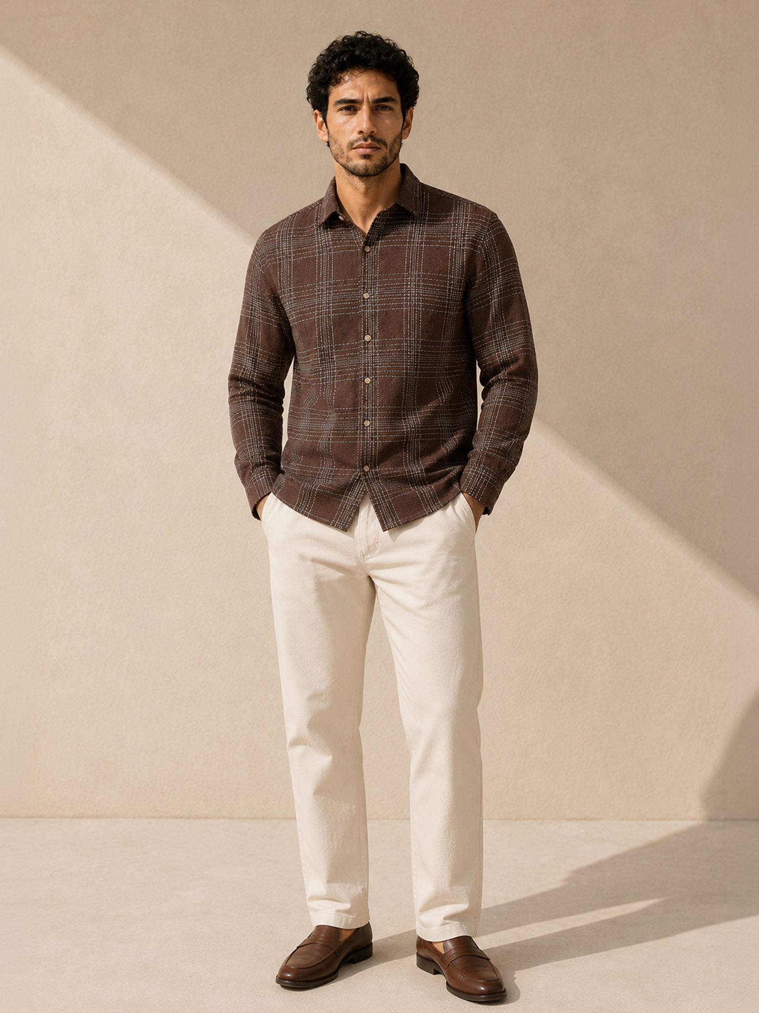 Men Dark Brown Check Full Sleeves Shirt