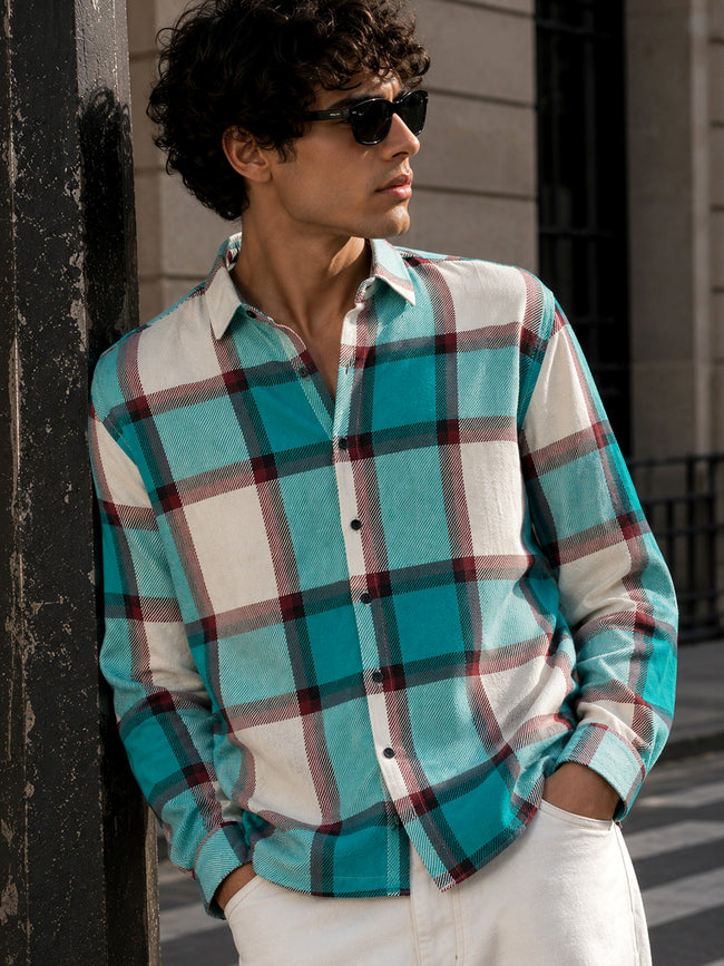 Men Teal Tartan Checked Shirt