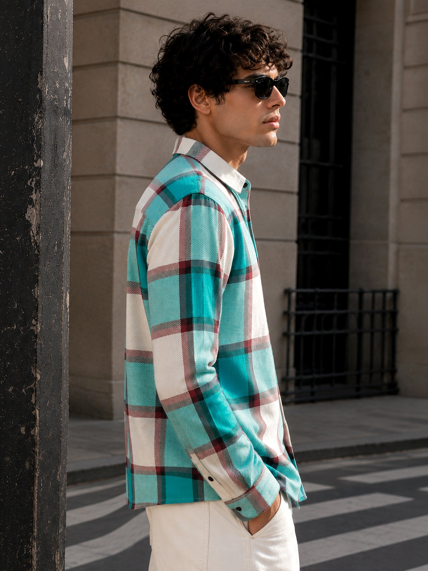 Men Teal Tartan Checked Shirt