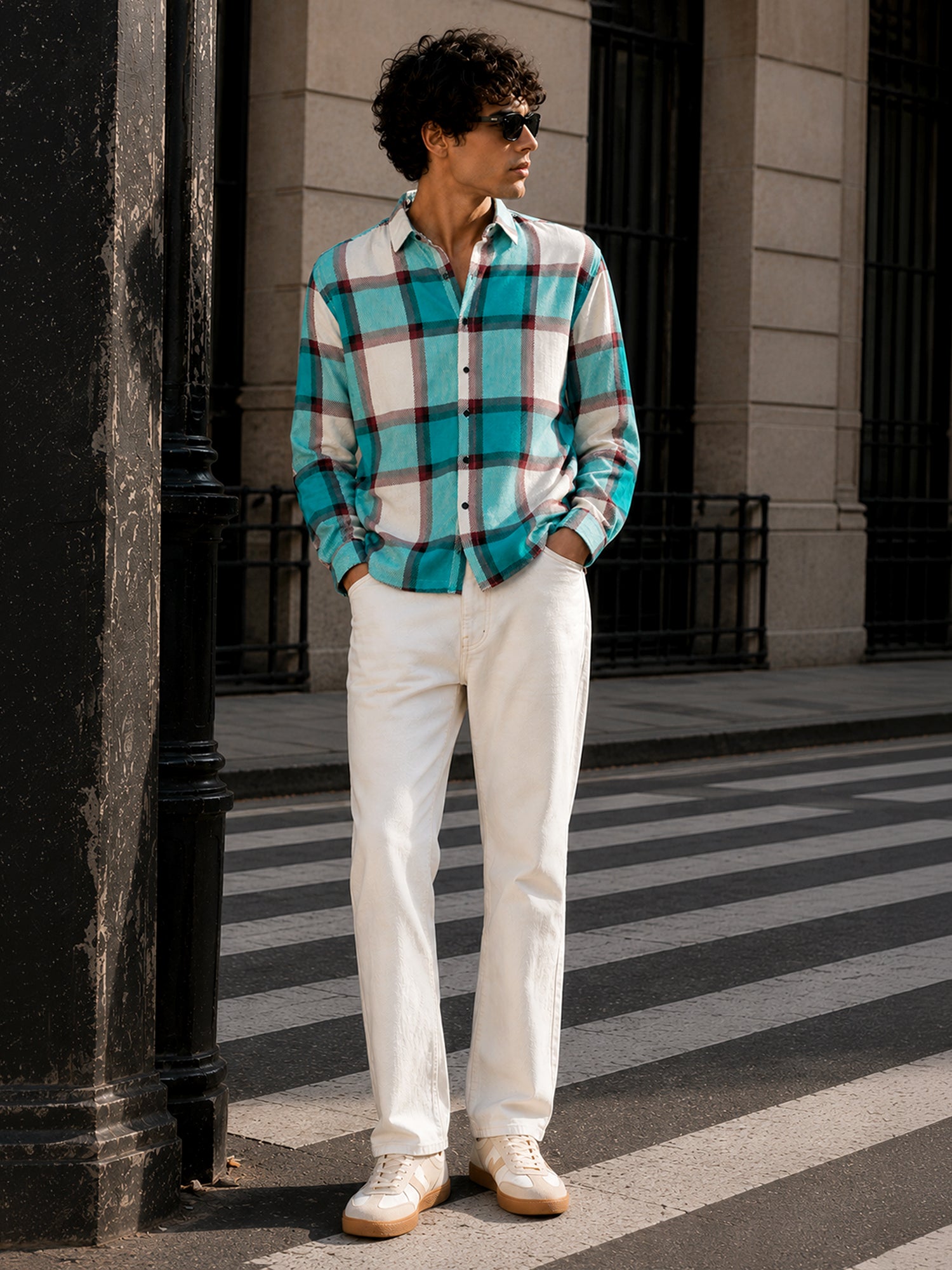Men Teal Tartan Checked Shirt