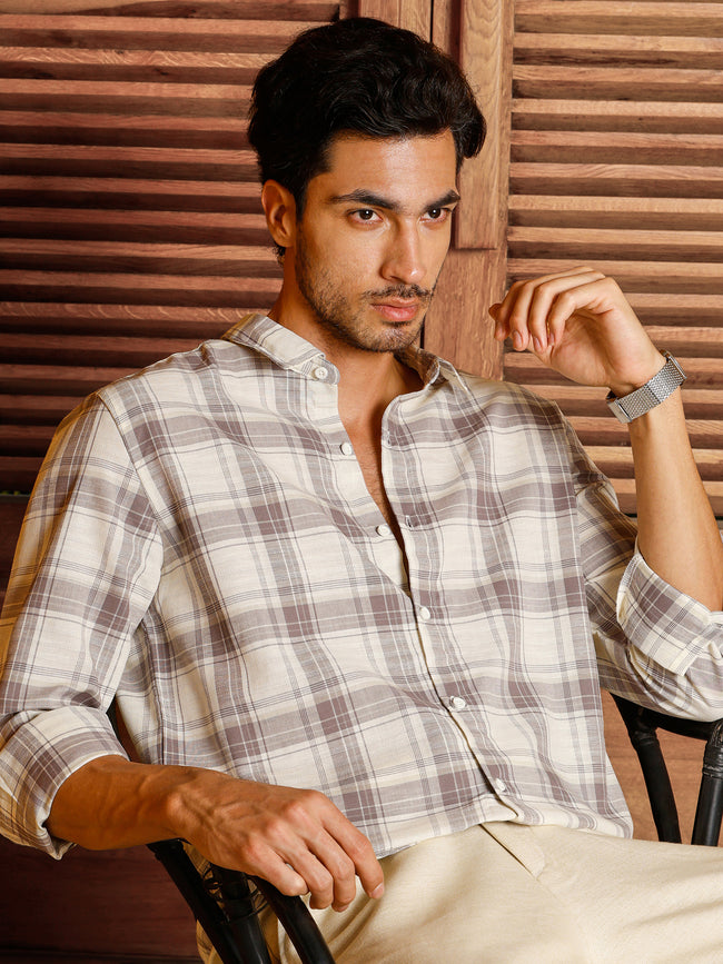 Men Off White Tartan Checked Shirt