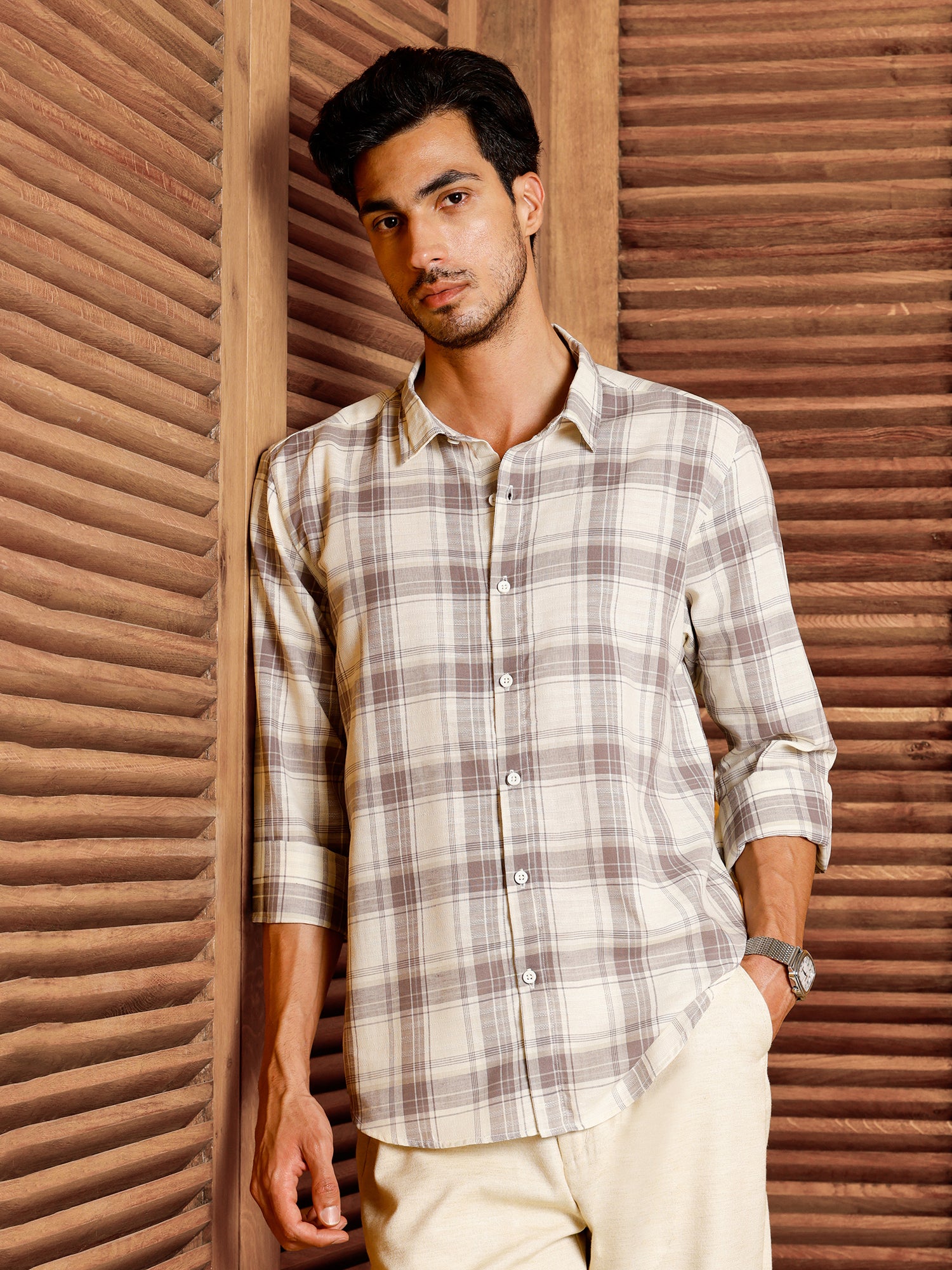 Men Off White Tartan Checked Shirt