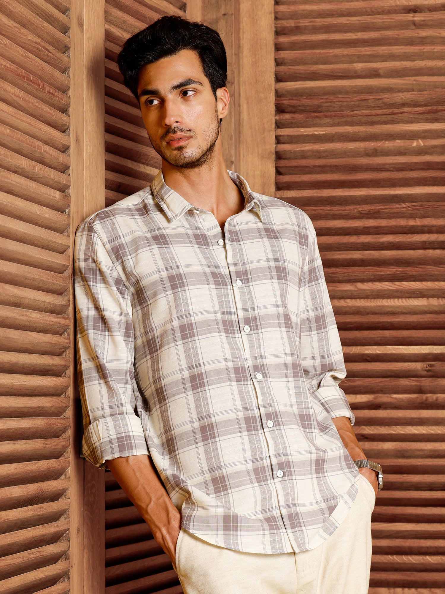 Men Off White Tartan Checked Shirt