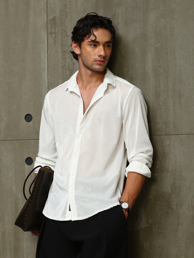 Men White Solid Full Sleeves Shirt