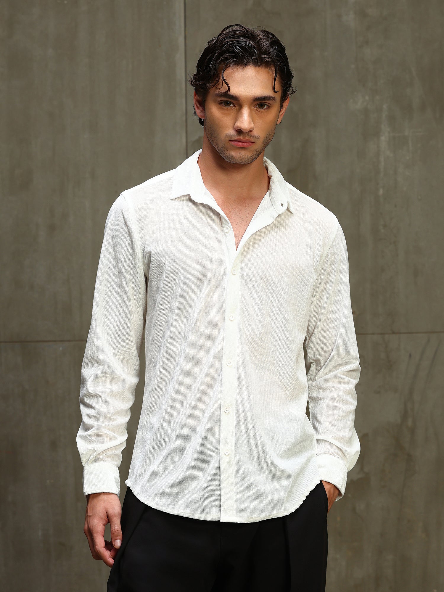 Men White Solid Full Sleeves Shirt