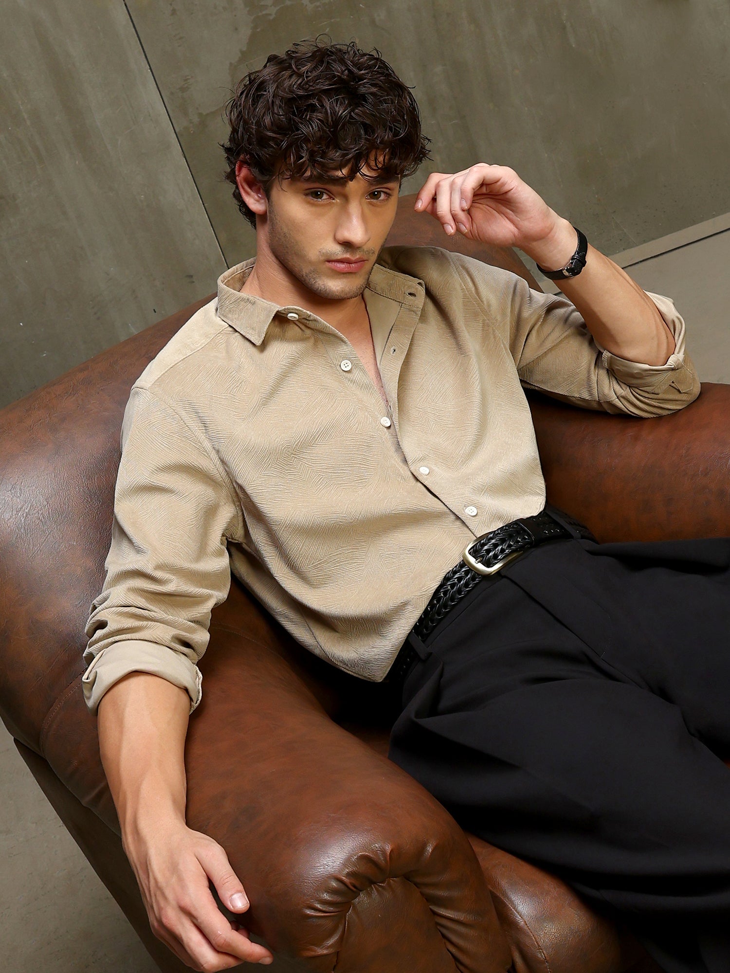 Men Beige Self Design Full Sleeves Shirt