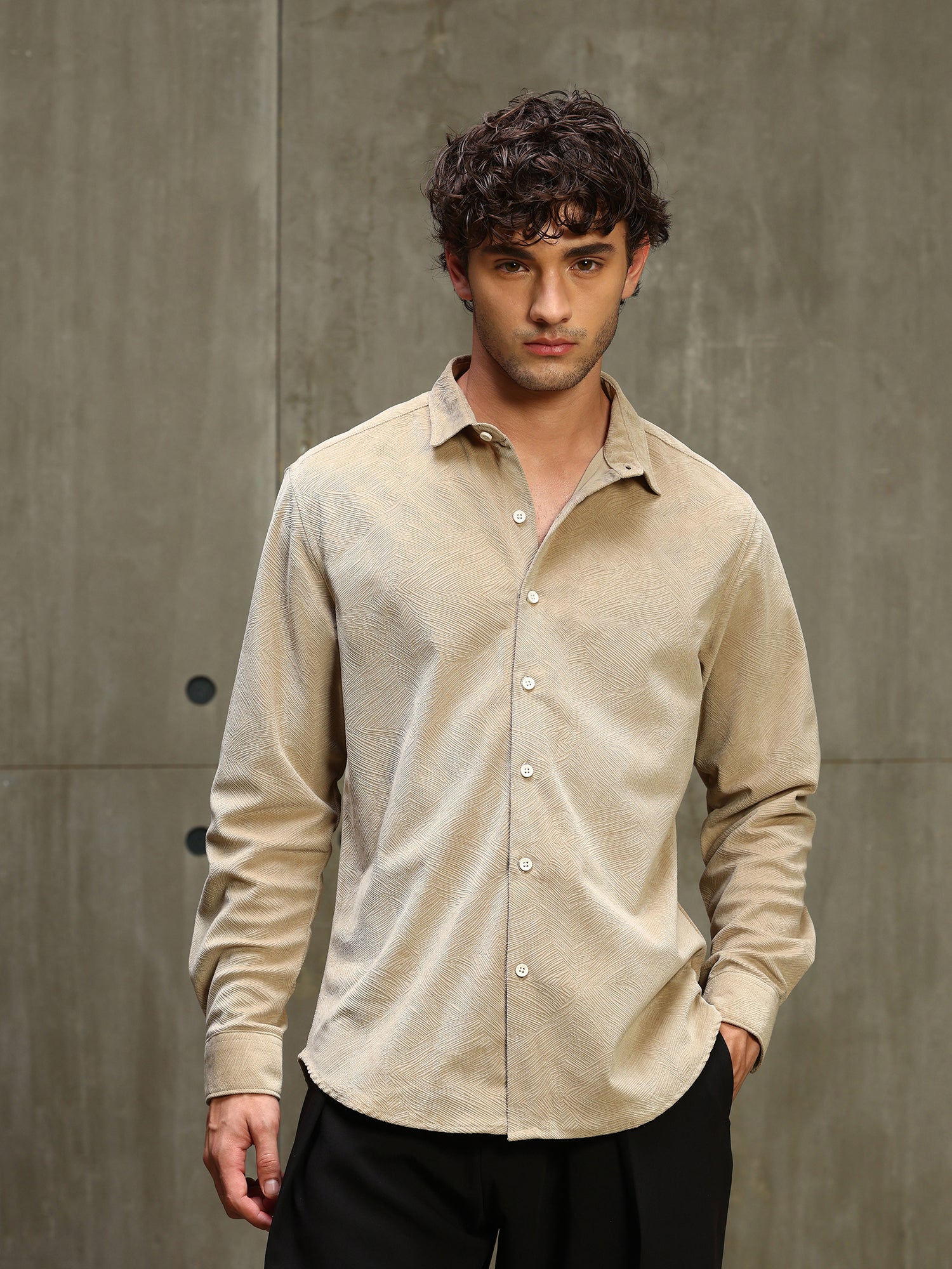 Men Beige Self Design Full Sleeves Shirt