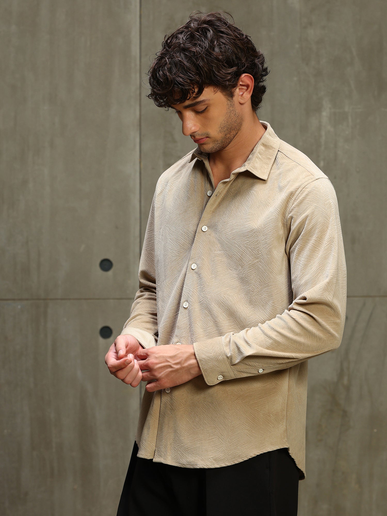 Men Beige Self Design Full Sleeves Shirt