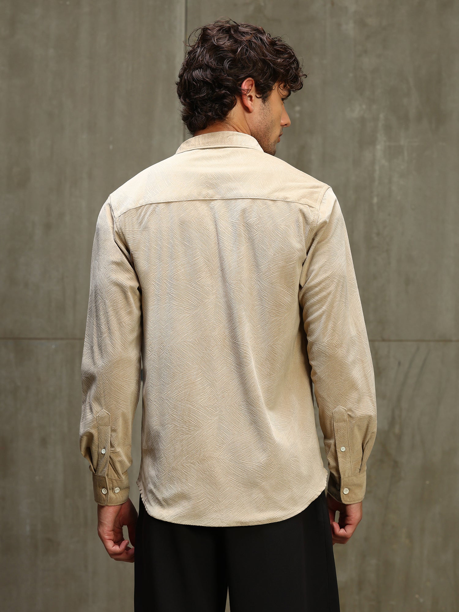 Men Beige Self Design Full Sleeves Shirt