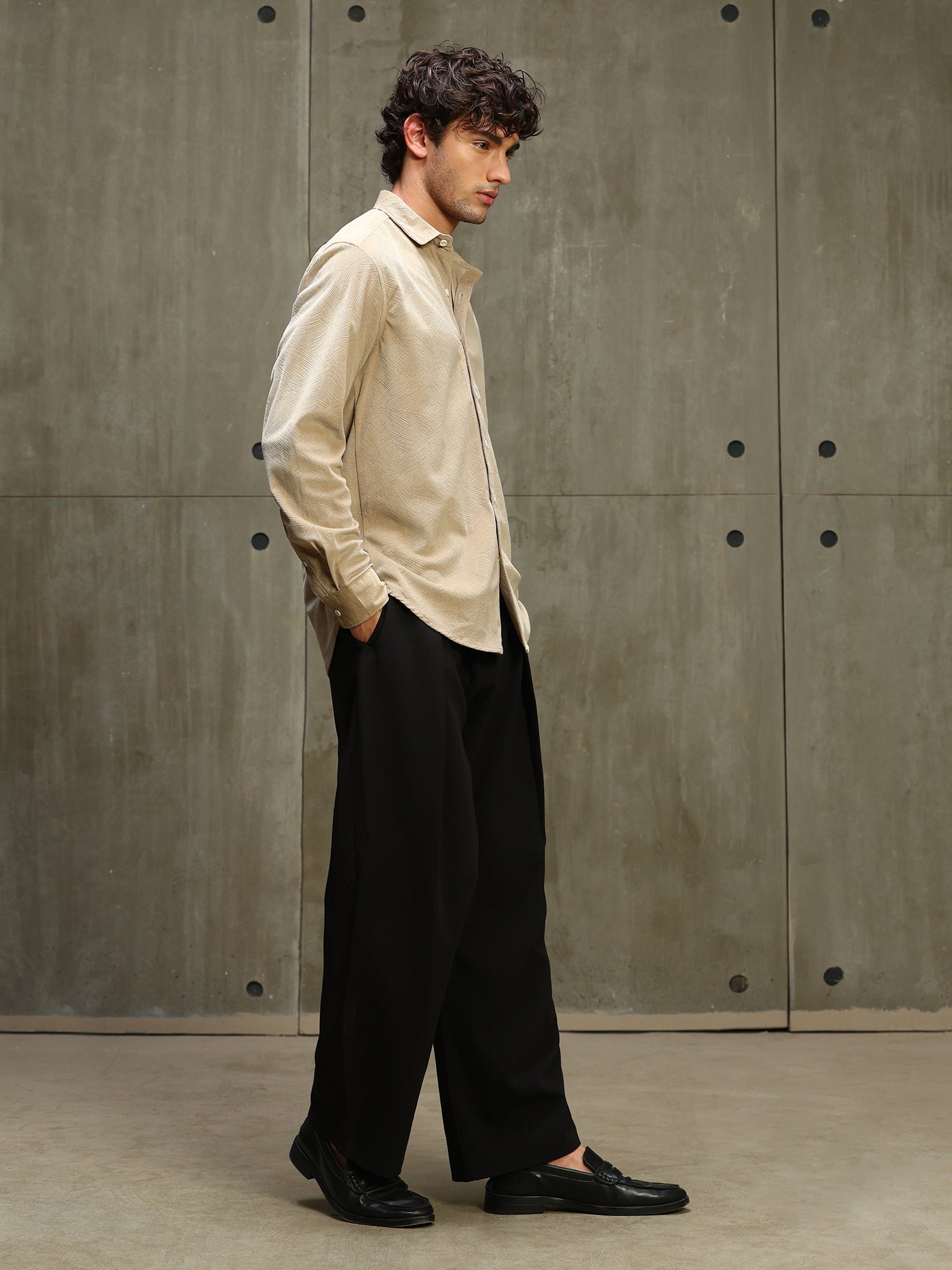 Men Beige Self Design Full Sleeves Shirt
