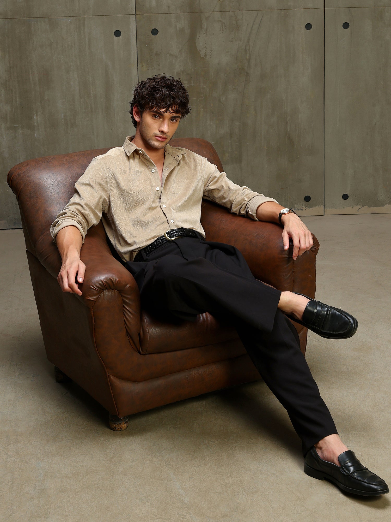 Men Beige Self Design Full Sleeves Shirt
