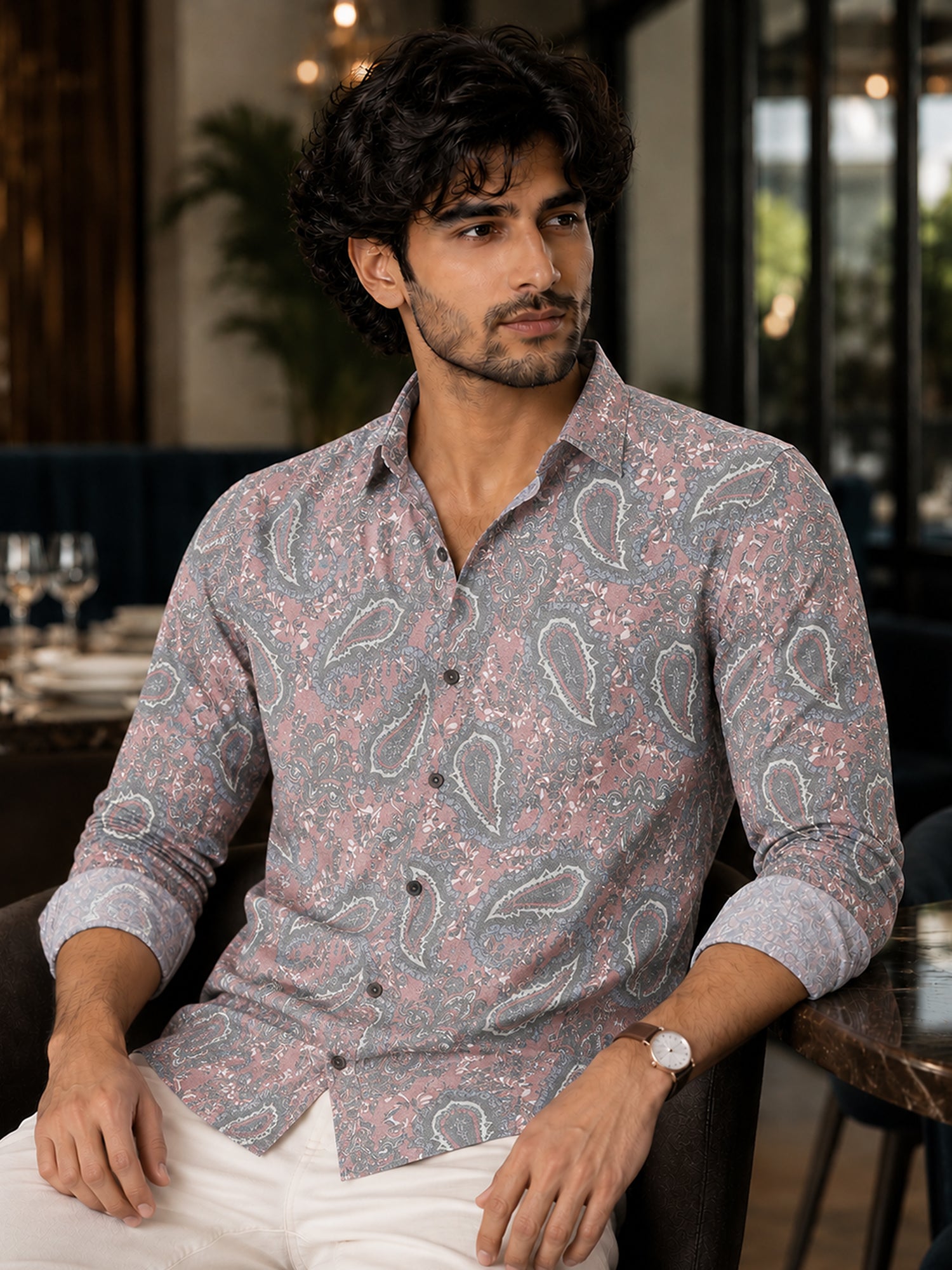 Men Mauve Paisley Print Full Sleeves Shirt