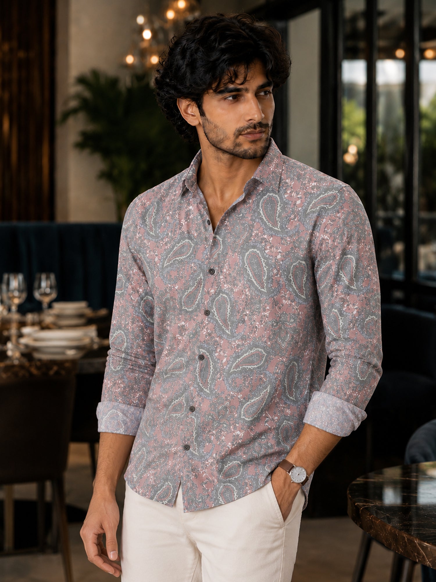 Men Mauve Paisley Print Full Sleeves Shirt