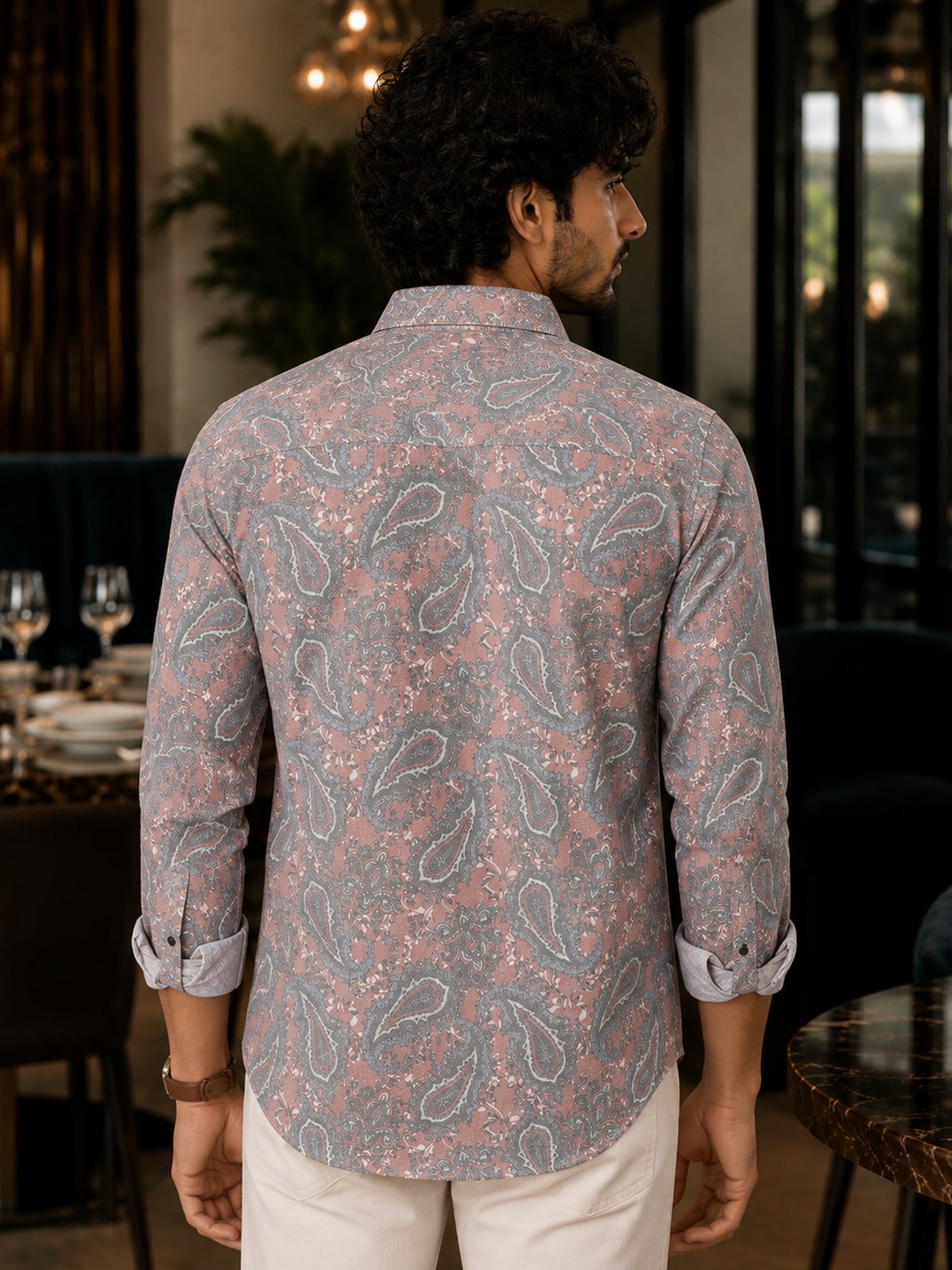 Men Mauve Paisley Print Full Sleeves Shirt