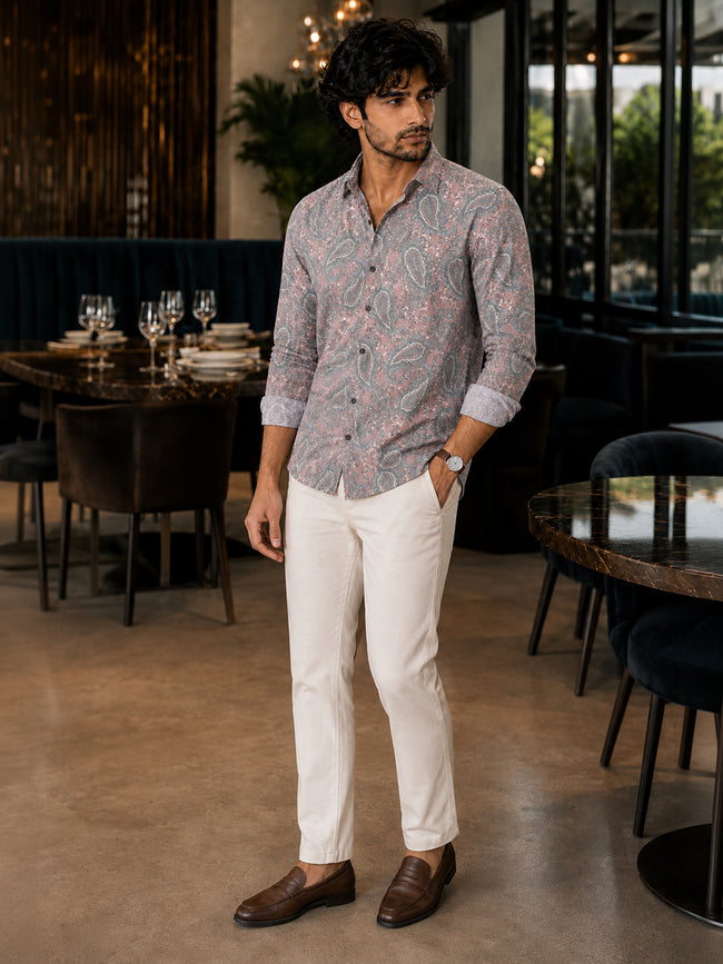 Men Mauve Paisley Print Full Sleeves Shirt