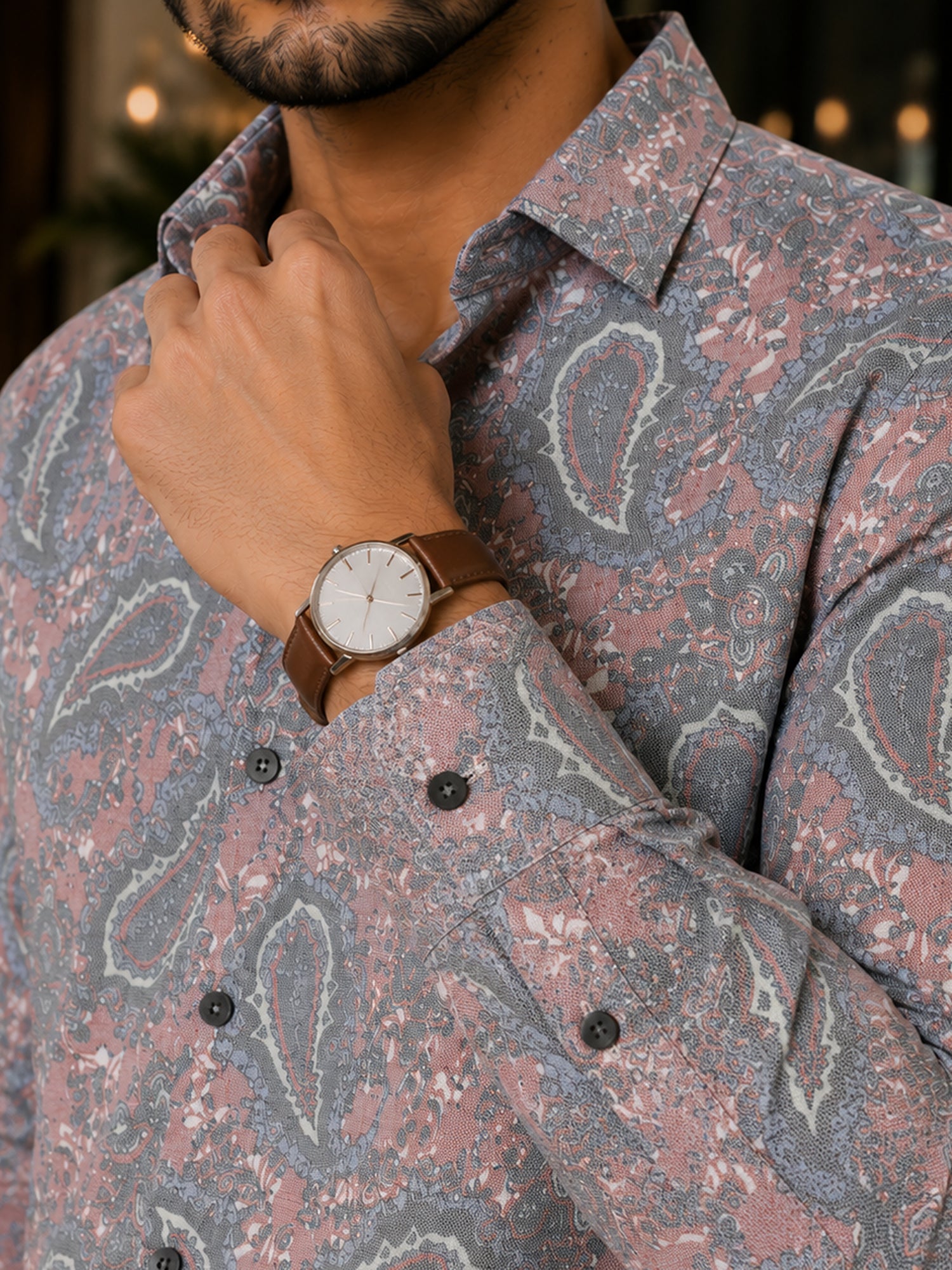 Men Mauve Paisley Print Full Sleeves Shirt