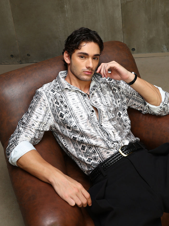 Men White Geometric Print Shirt
