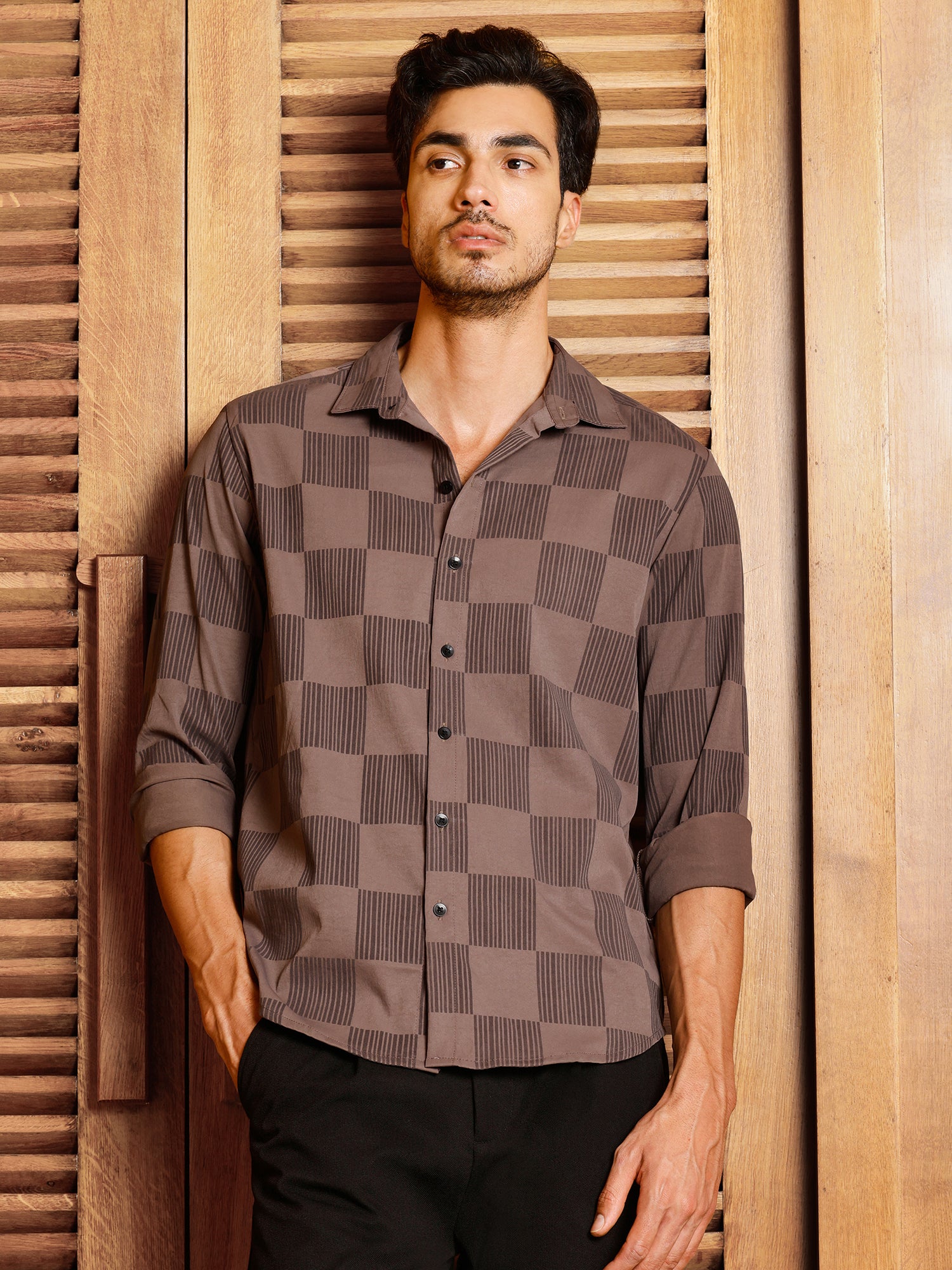 Men Brown Checked Shirt