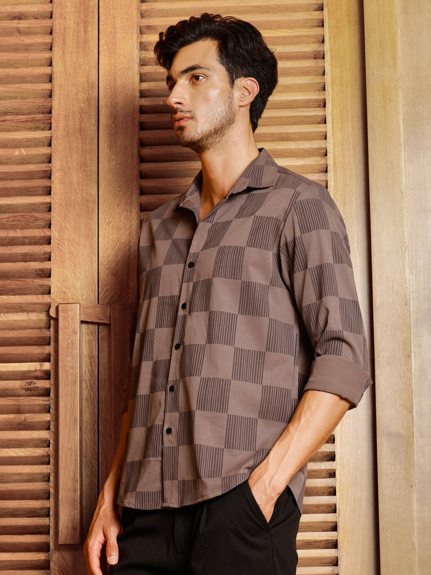Men Brown Checked Shirt