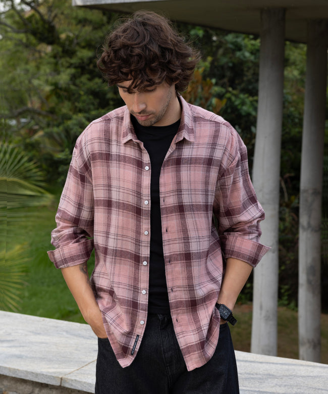Men Pink Tartan Checked Oversized Shirt
