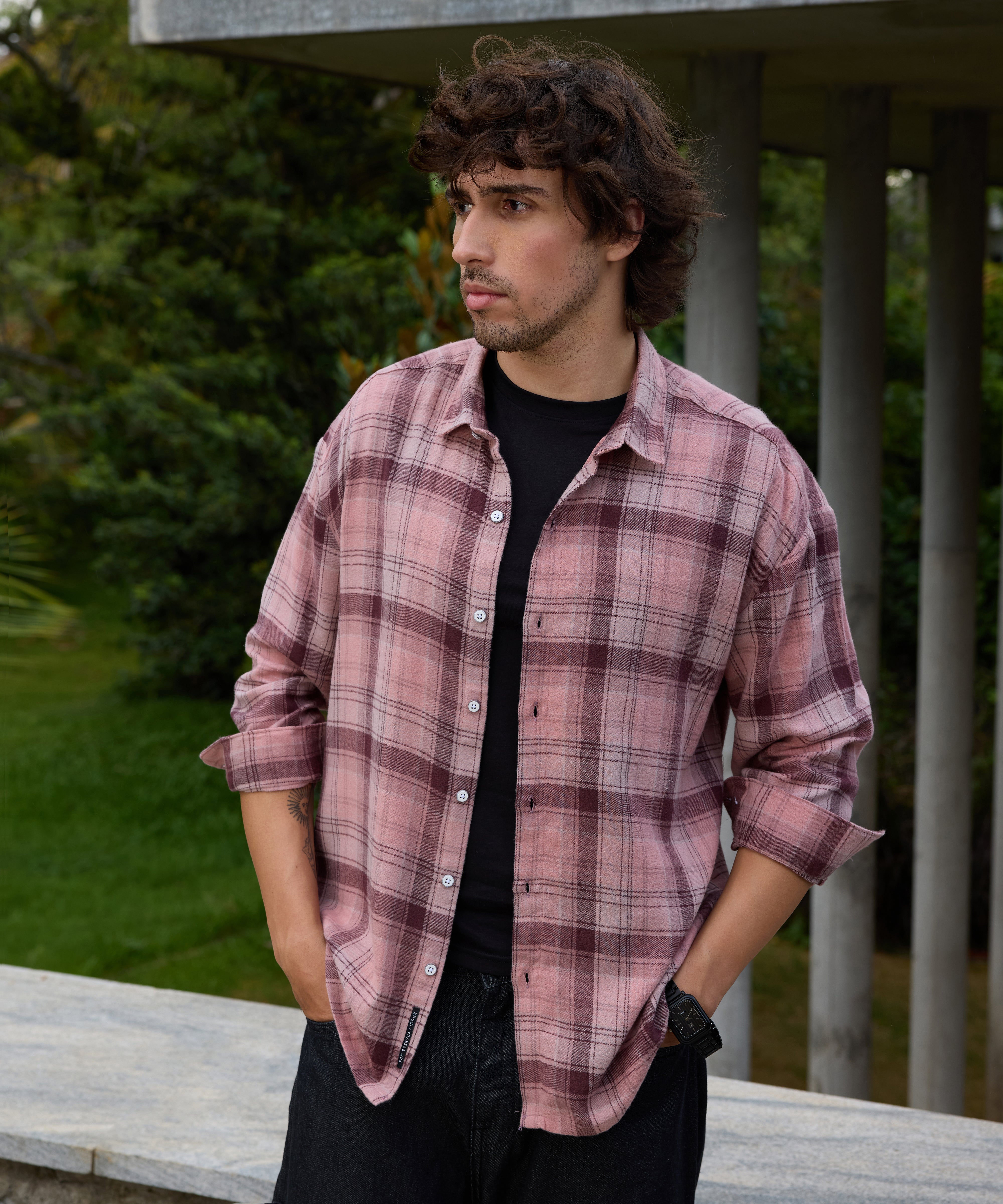 Men Pink Tartan Checked Oversized Shirt