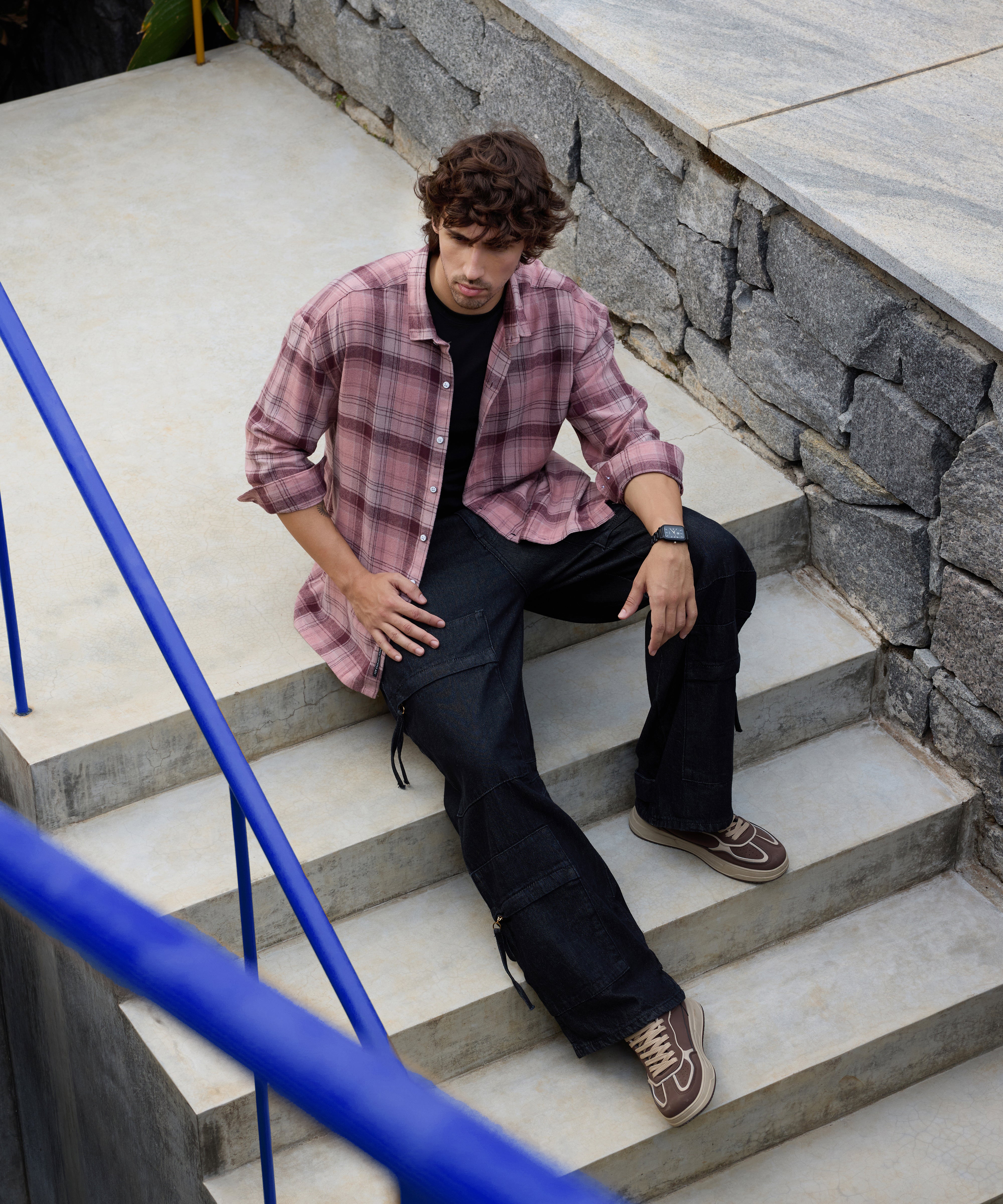 Men Pink Tartan Checked Oversized Shirt