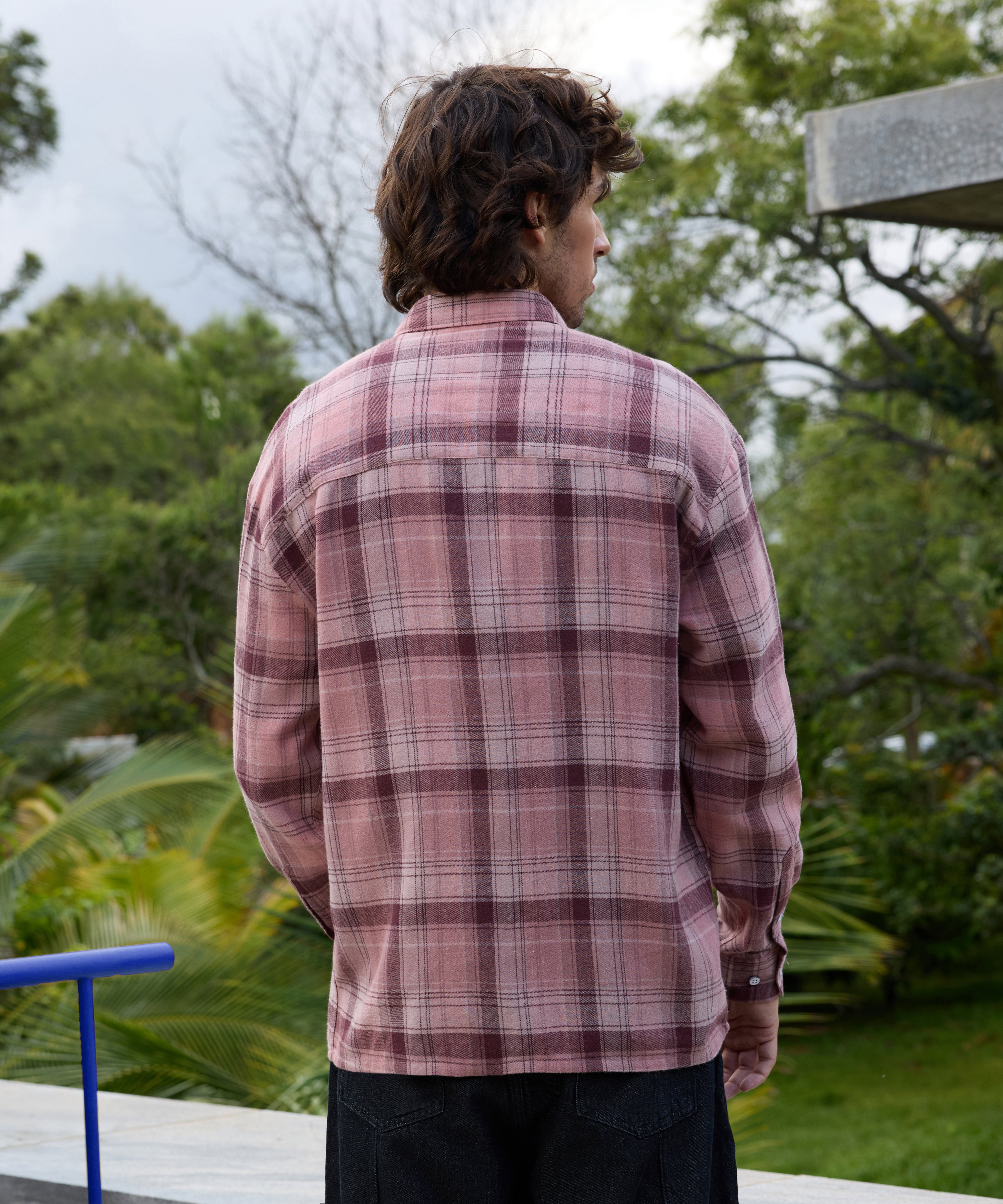 Men Pink Tartan Checked Oversized Shirt