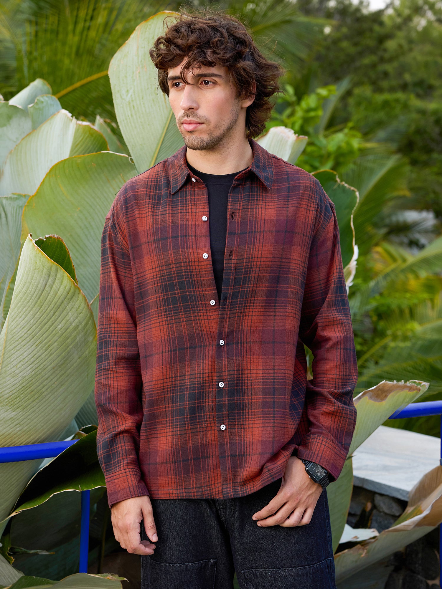 Men Red Tartan Checked Shirt