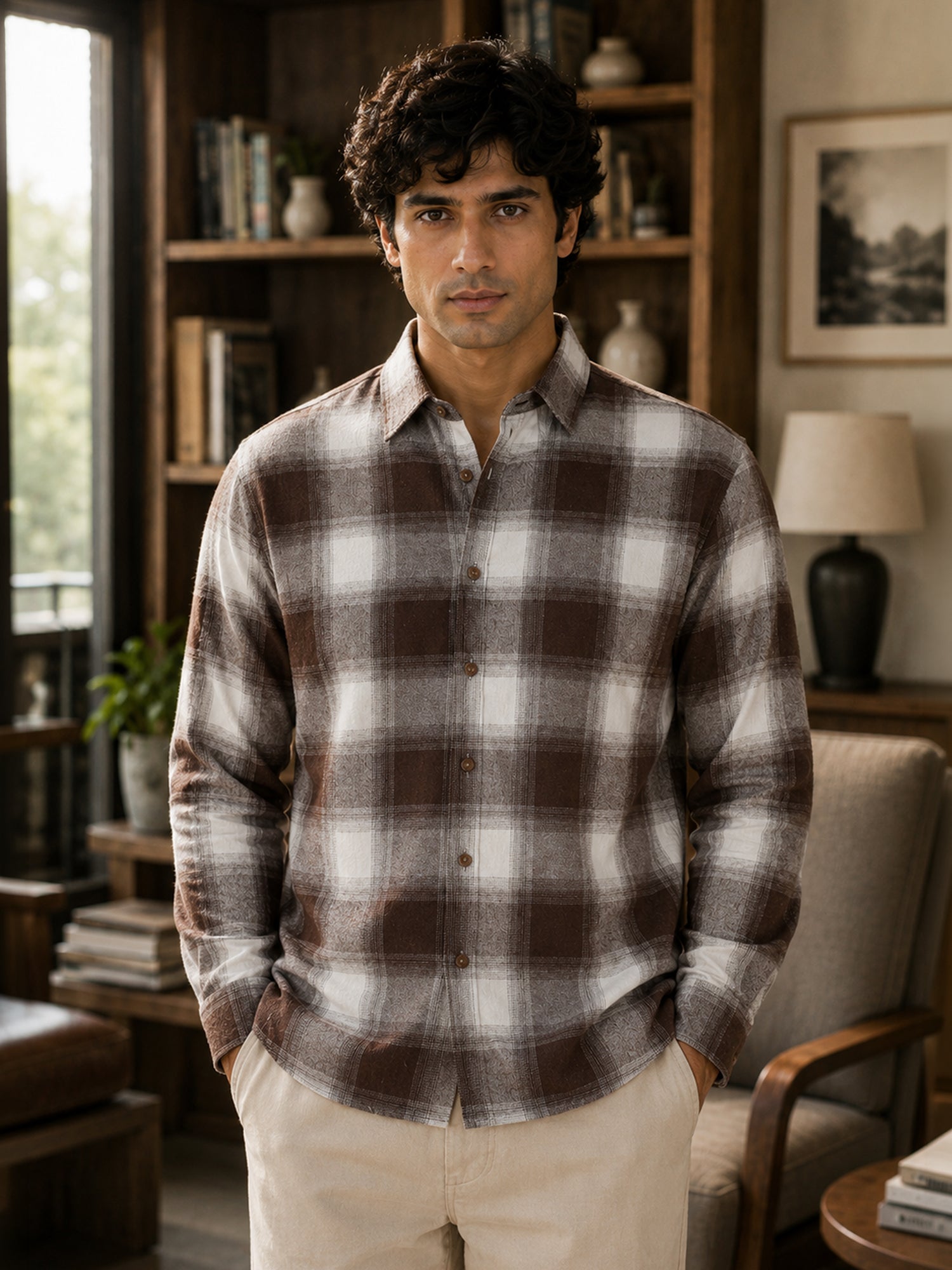 Men Brown Check Full Sleeves Shirt