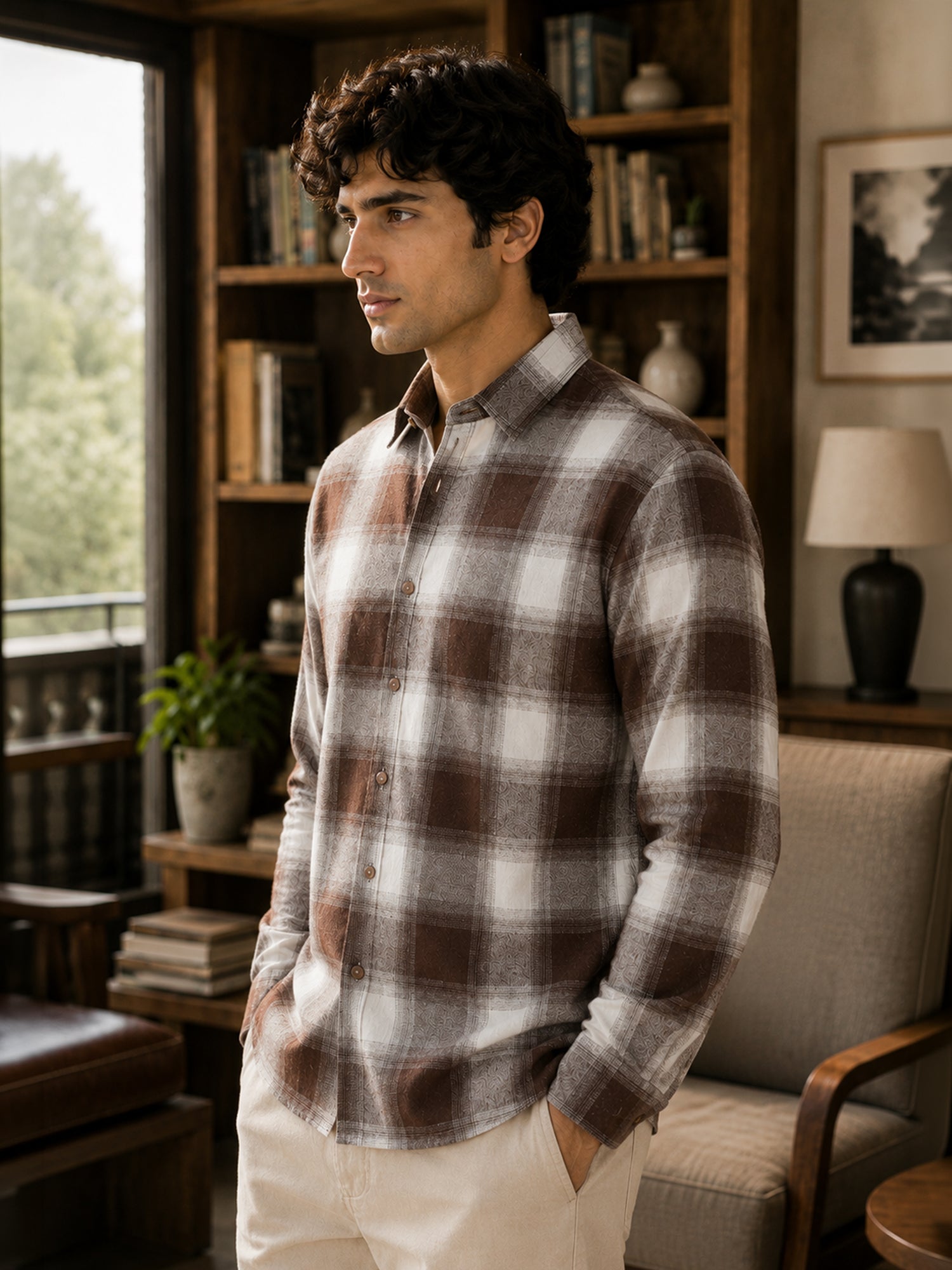 Men Brown Check Full Sleeves Shirt