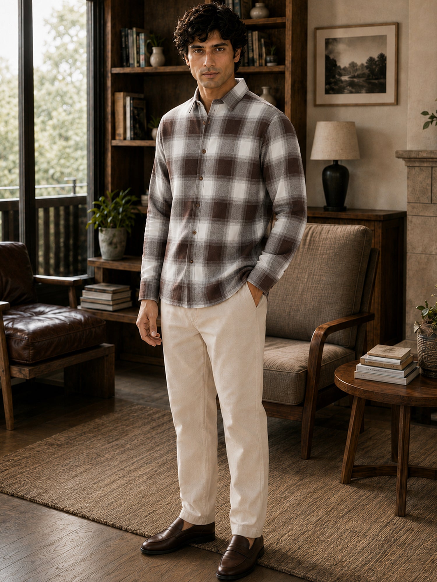 Men Brown Check Full Sleeves Shirt