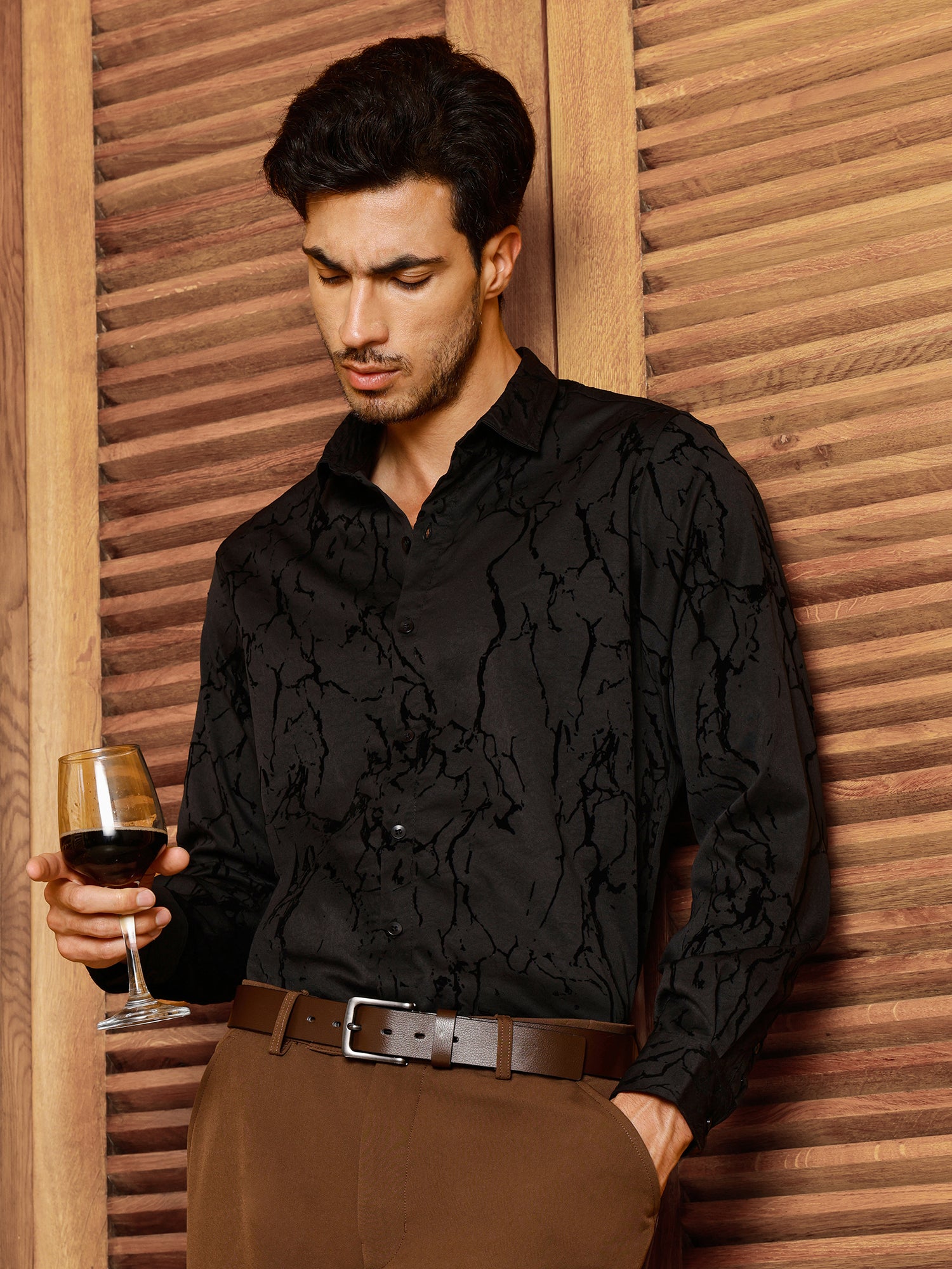 Men Black Textured Party Shirt