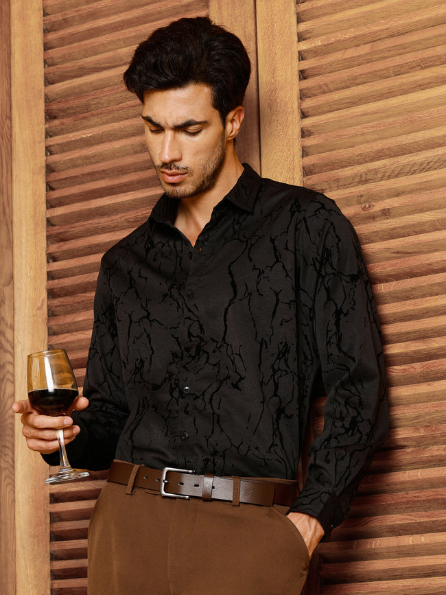 Men Black Textured Party Shirt