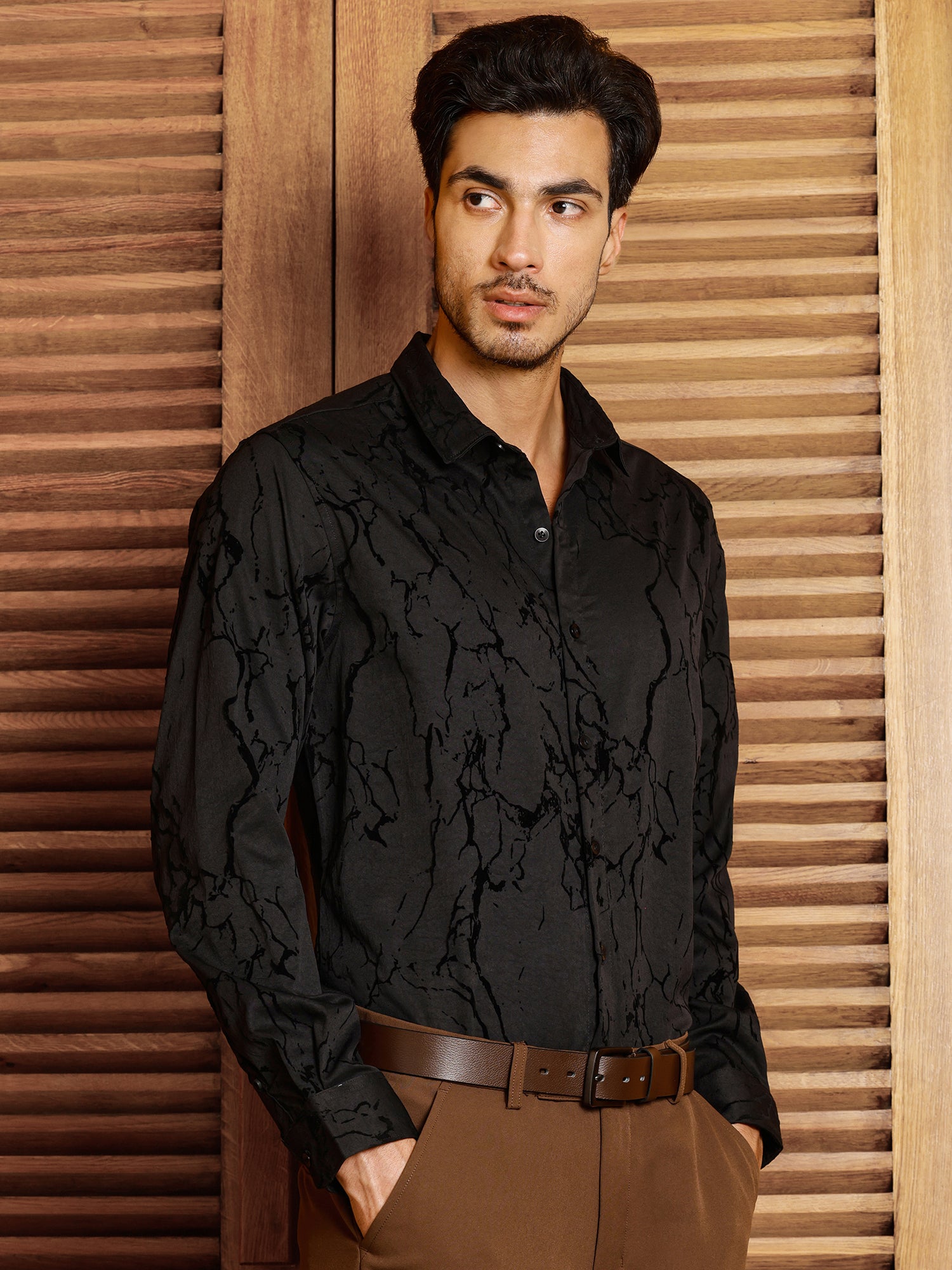 Men Black Textured Party Shirt