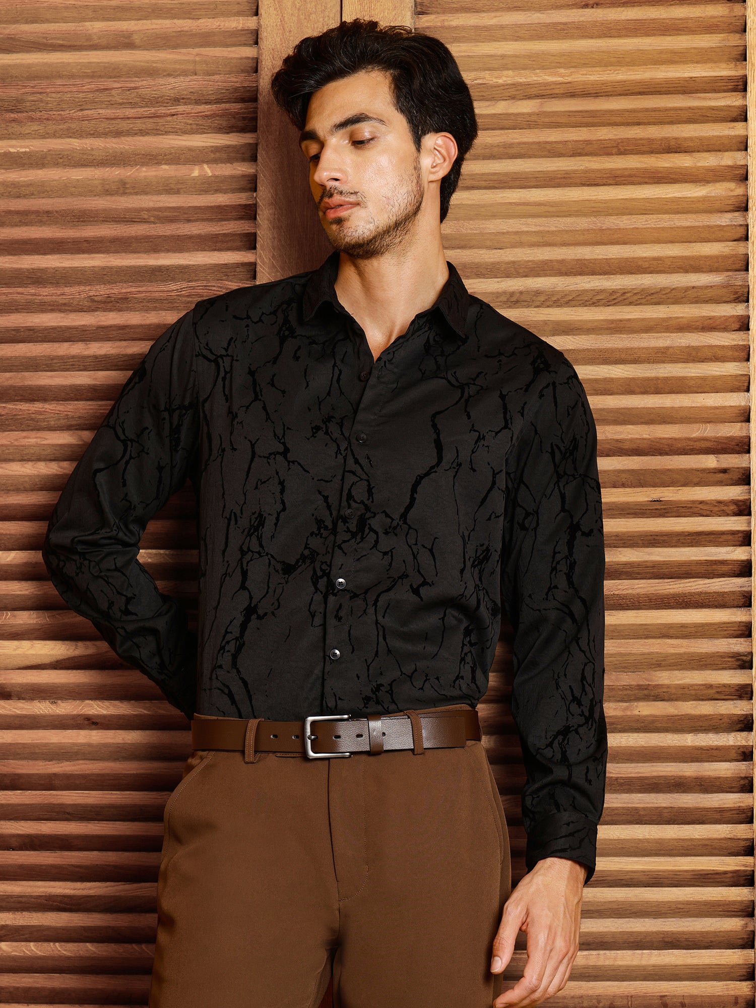 Men Black Textured Party Shirt