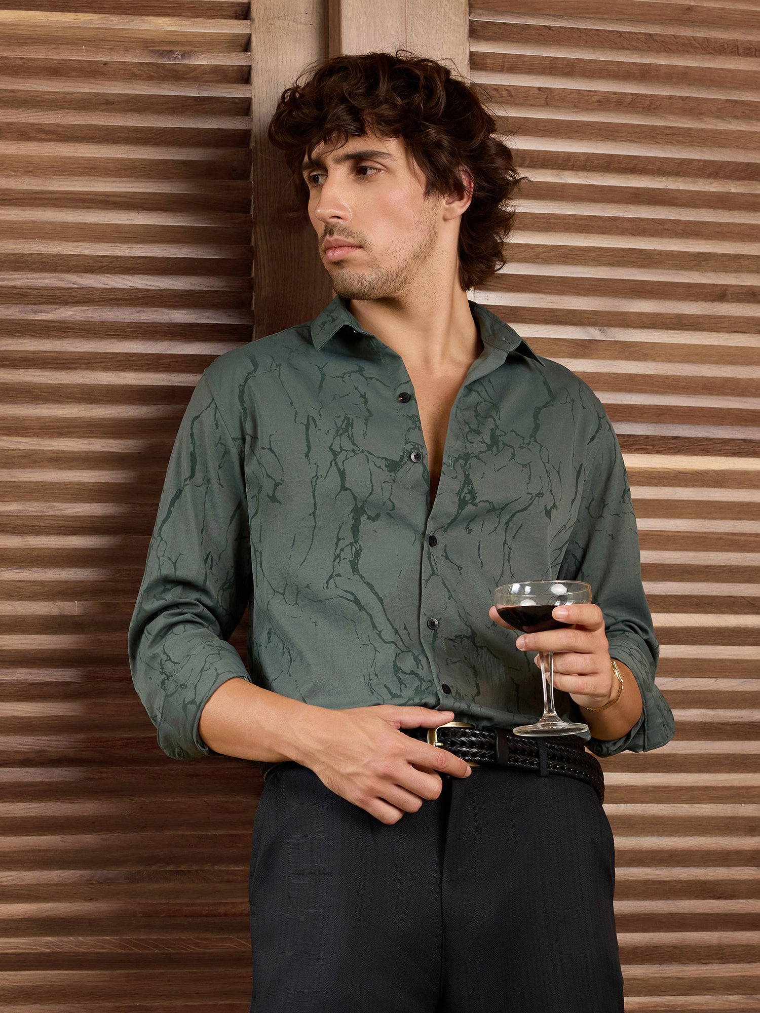 Men Olive Marble Print Party Shirt