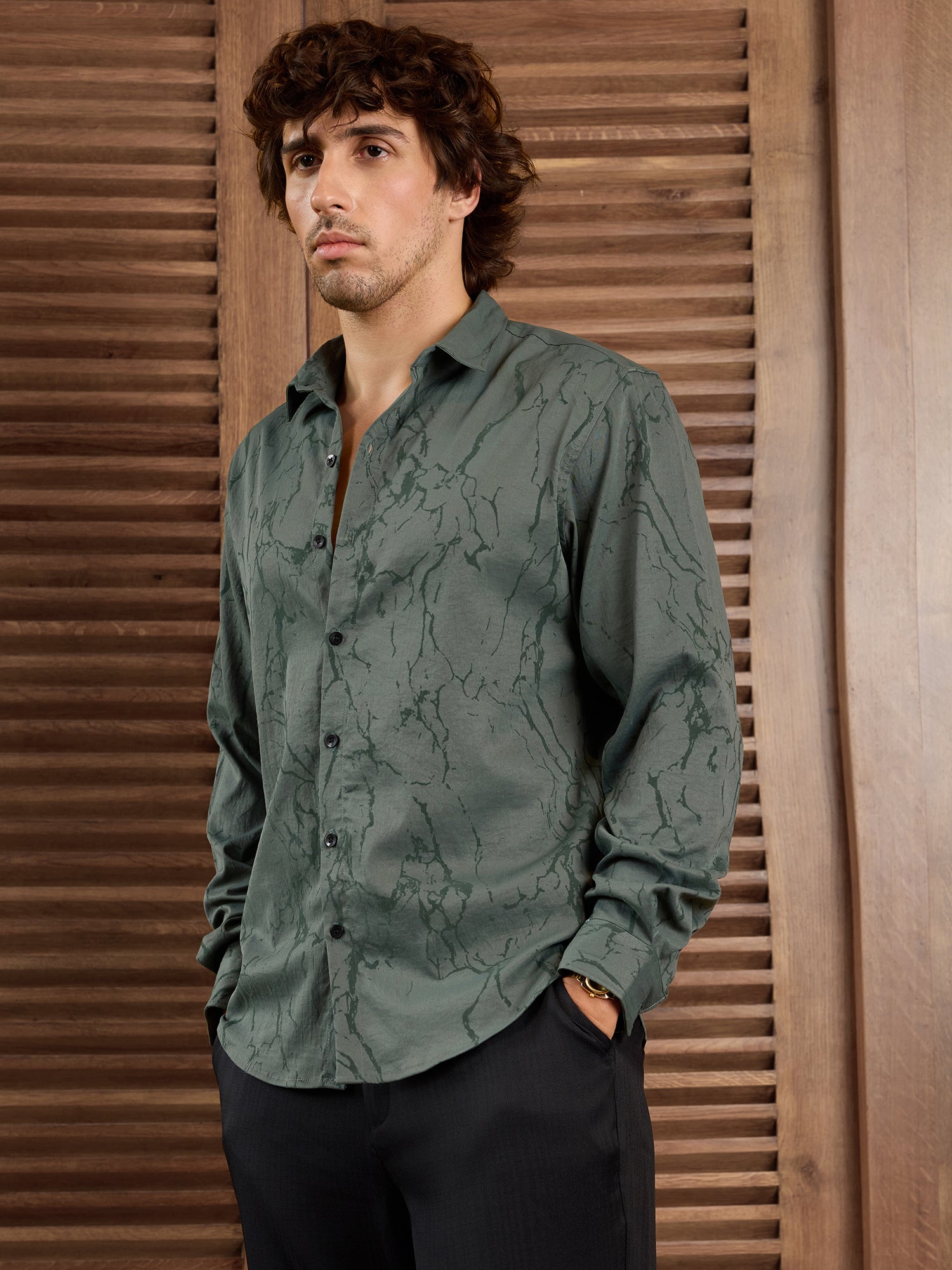 Men Olive Marble Print Party Shirt