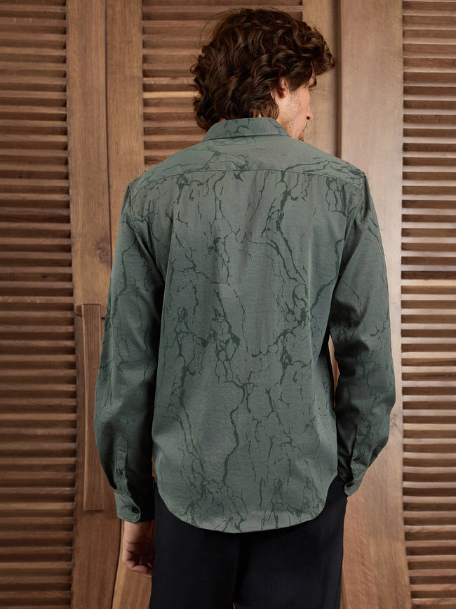 Men Olive Marble Print Party Shirt