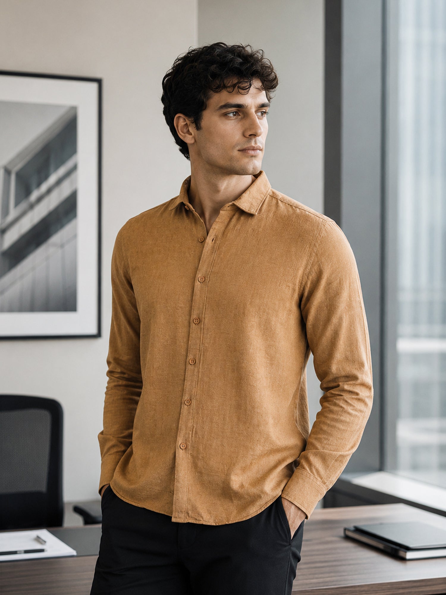 Men Brown Self Design Shirt