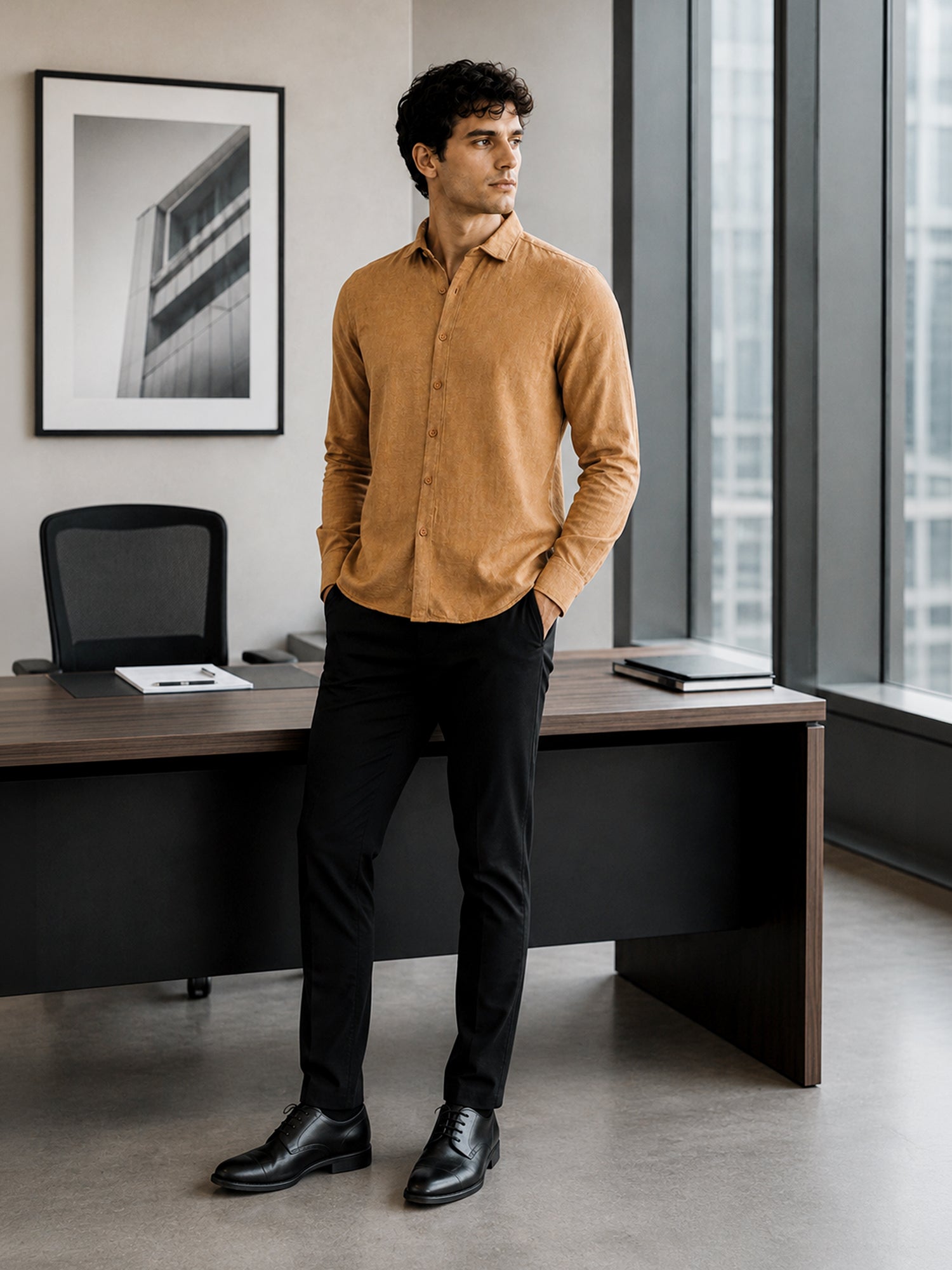 Men Brown Self Design Shirt