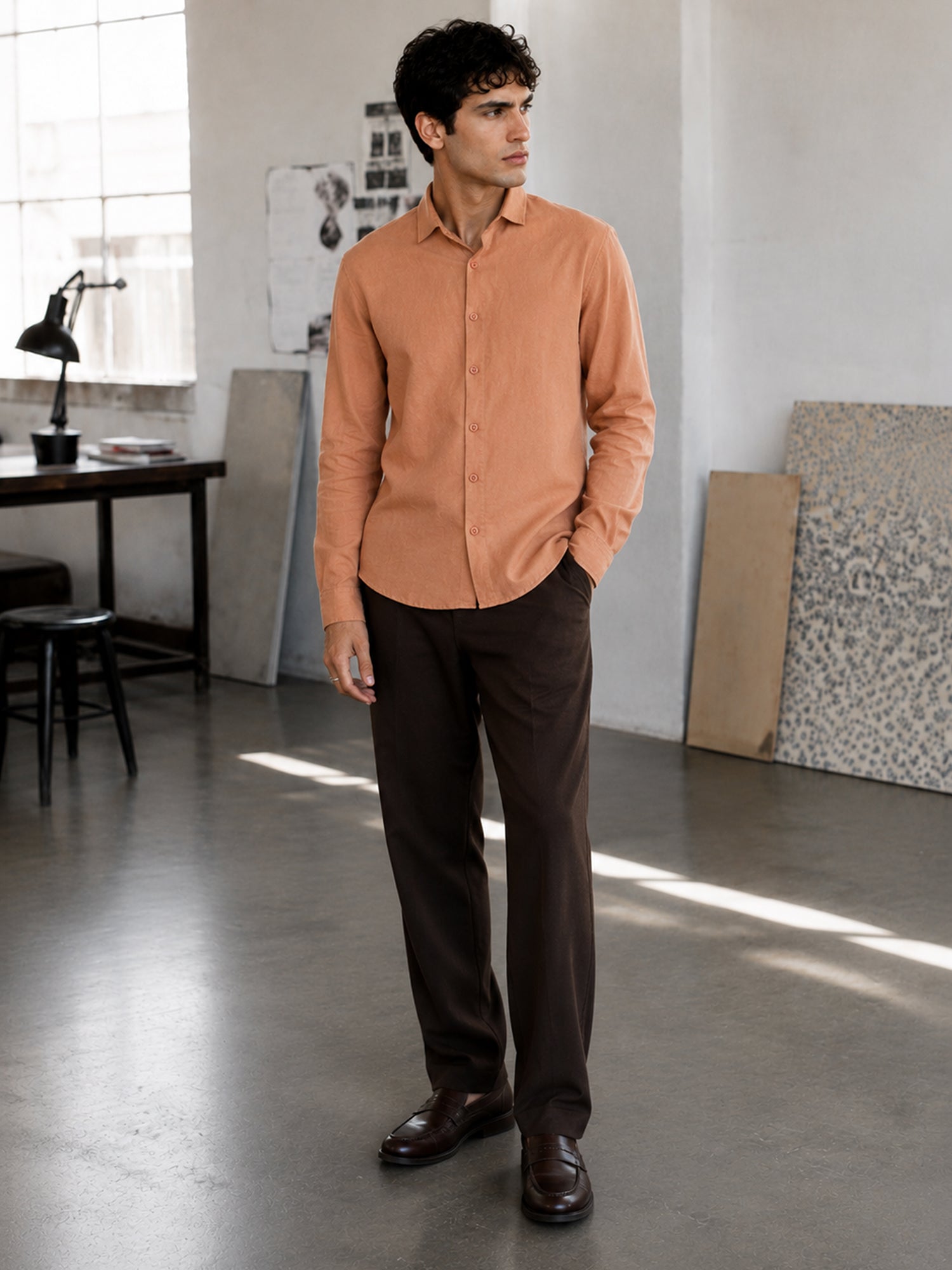 Men Peach Solid Party Shirt