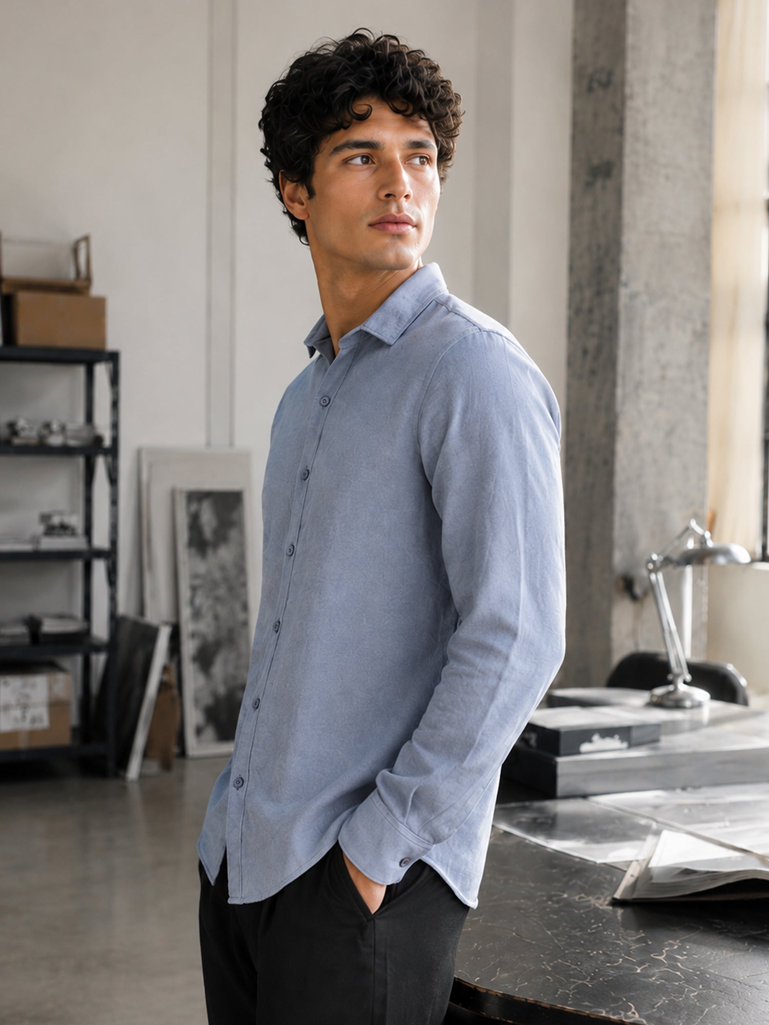 Men Blue Self Design Shirt